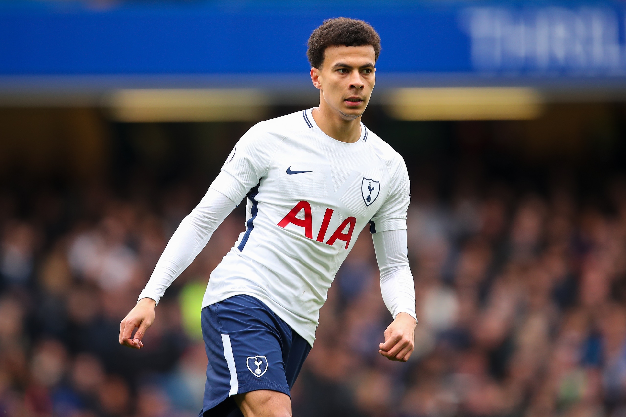 LONDON, ENGLAND - APRIL 01: Dele Alli of Tottenham Hotspur during the Premier League match between Chelsea and Tottenham Hotspur at Stamford Bridge on April 1, 2018 in London, England. (Photo by Robbie Jay Barratt - AMA/Getty Images)