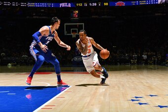 PHILADELPHIA, PA -  MARCH 28: Trey Burke #23 of the New York Knicks drives to the basket against the Philadelphia 76ers at Wells Fargo Center on March 28, 2018 in Philadelphia, Pennsylvania NOTE TO USER: User expressly acknowledges and agrees that, by dow