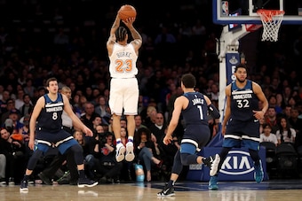 NEW YORK, NY - MARCH 23: Trey Burke #23 of the New York Knicks takes a shot against the Minnesota Timberwolves in the second quarter during their game at Madison Square Garden on March 23, 2018 in New York City. NOTE TO USER: User expressly acknowledges a