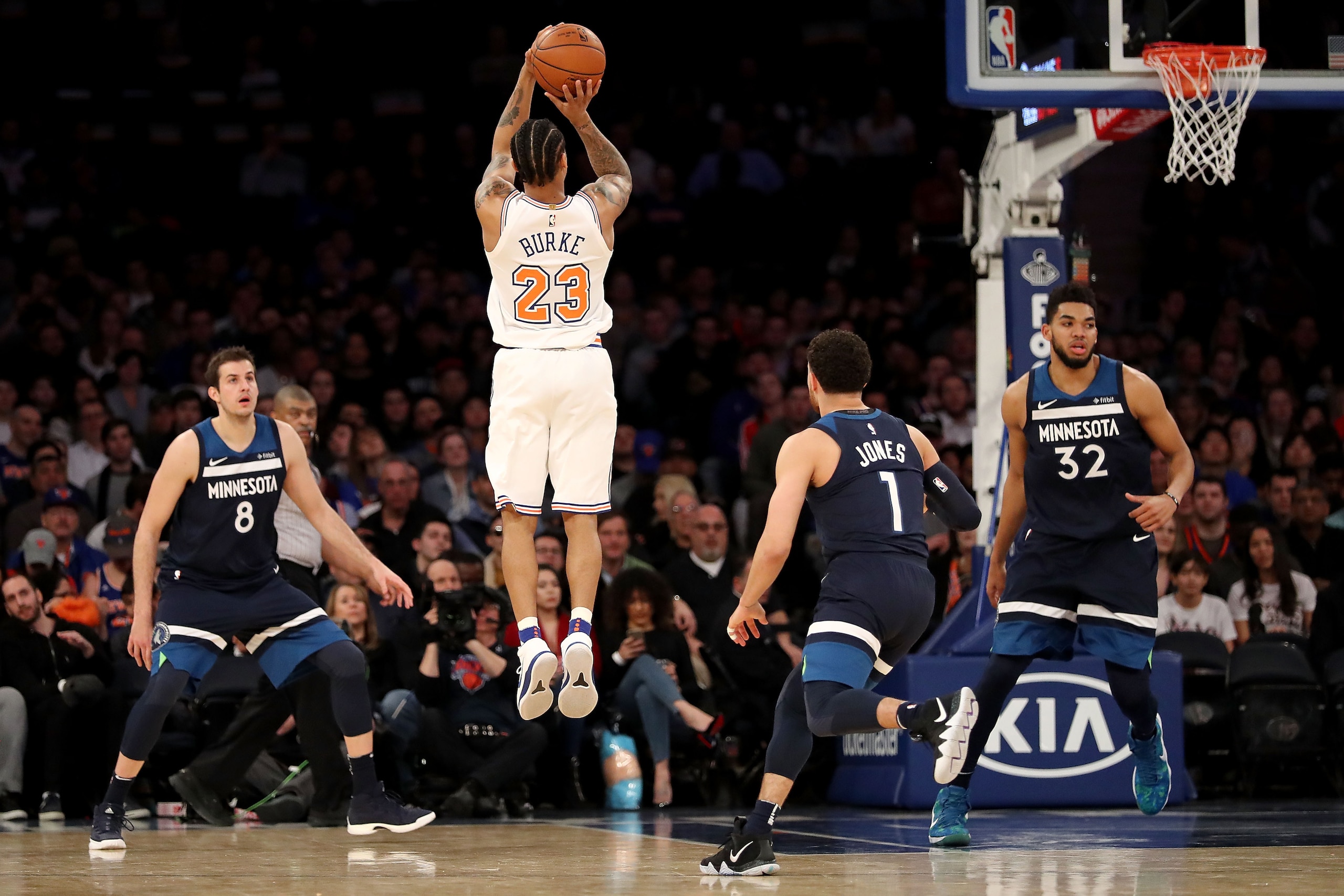 NEW YORK, NY - MARCH 23: Trey Burke #23 of the New York Knicks takes a shot against the Minnesota Timberwolves in the second quarter during their game at Madison Square Garden on March 23, 2018 in New York City. NOTE TO USER: User expressly acknowledges a