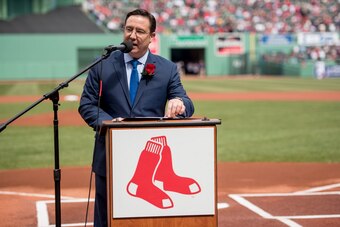 BOSTON, MA - APRIL 3: NESN broadcaster Dave O'Brien emcees a pre-game ceremony before the Boston Red Sox home opener against the Pittsburgh Pirates on April 3, 2017 at Fenway Park in Boston, Massachusetts. (Photo by Billie Weiss/Boston Red Sox/Getty Image
