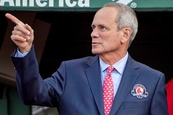 BOSTON, MA - MAY 20: Boston Red Sox President & CEO Emeritus Larry Lucchino is introduced during a Red Sox Hall of Fame Class of 2016 ceremony before a game between the Boston Red Sox and the Cleveland Indians on May 20, 2016 at Fenway Park in Boston, Mas