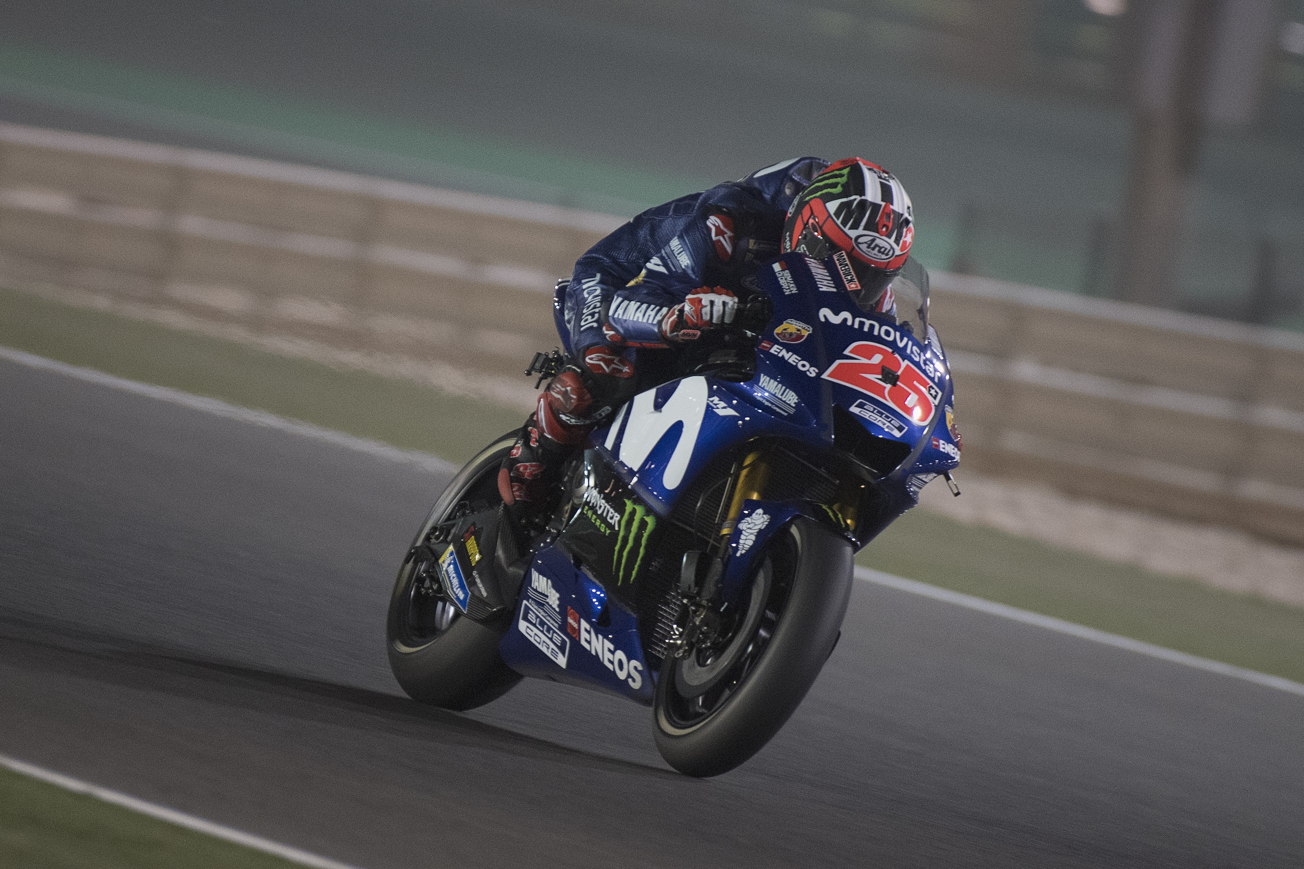 DOHA, QATAR - MARCH 17: Maverick Vinales of Spain and  Movistar Yamaha MotoGP heads down a straight during the MotoGP of Qatar - Qualifying at Losail Circuit on March 17, 2018 in Doha, Qatar.  (Photo by Mirco Lazzari gp/Getty Images)