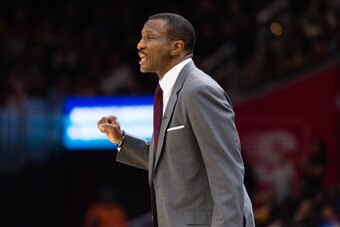 CLEVELAND, OH - MARCH 21: Dwane Casey of the Toronto Raptors yells to his players during the second half against the Cleveland Cavaliers at Quicken Loans Arena on March 21, 2018 in Cleveland, Ohio. The Cavaliers defeated the Raptors 132-129. NOTE TO USER: