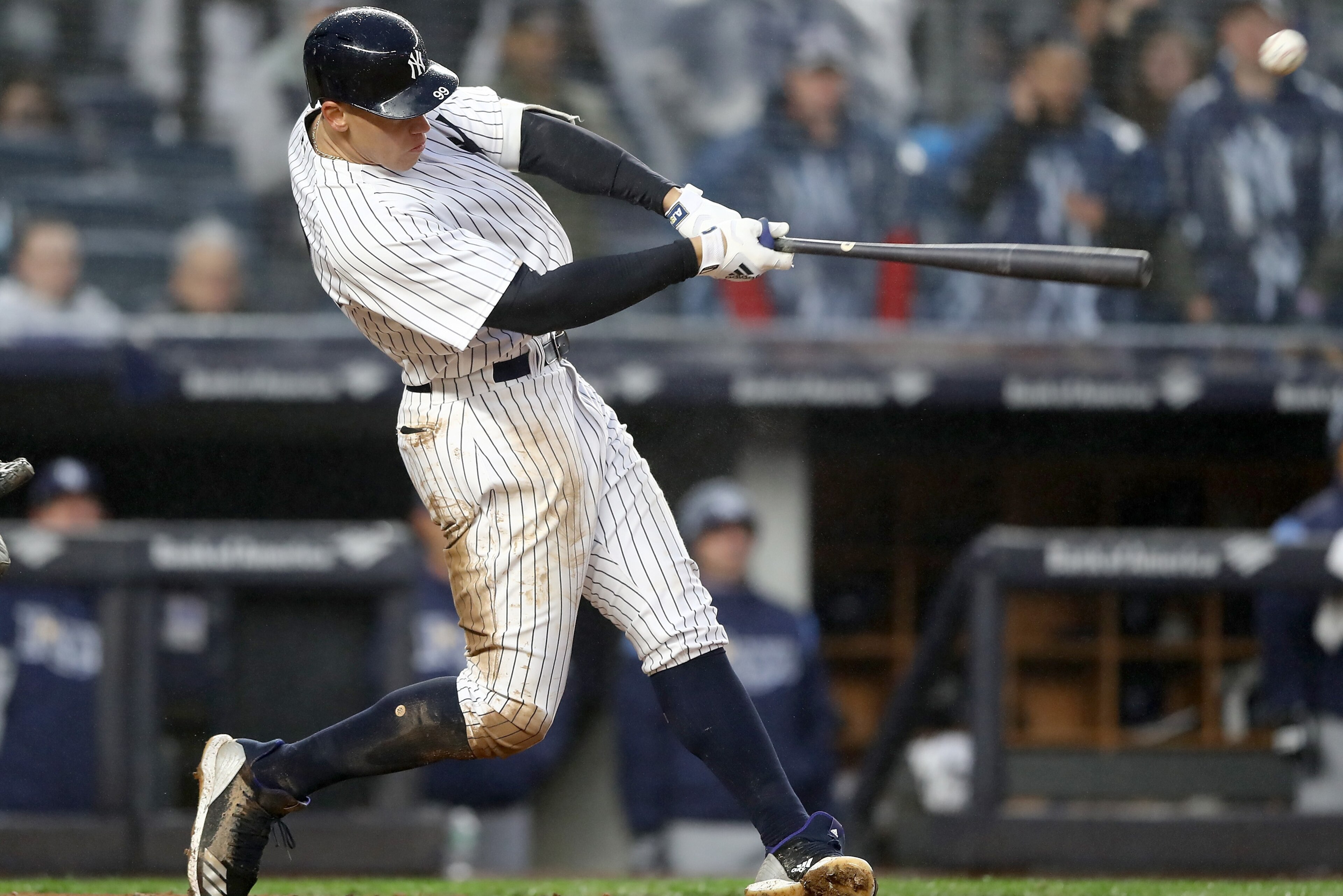 NEW YORK, NY - APRIL 03: Aaron Judge #99 of the New York Yankees hits a single in the seventh inning against the Tampa Bay Rays during Opening Day at Yankee Stadium on April 3, 2018 in the Bronx borough of New York City. (Photo by Elsa/Getty Images) NEW YORK, NY - APRIL 03: Aaron Judge #99 of the New York Yankees hits a single in the seventh inning against the Tampa Bay Rays during Opening Day at Yankee Stadium on April 3, 2018 in the Bronx borough of New York City. (Photo by Elsa/Getty Images)