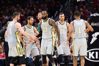 CLEVELAND, OH - APRIL 1: Kevin Love #0 celebrates with LeBron James #23 of the Cleveland Cavaliers during the first half against the Dallas Mavericks at Quicken Loans Arena on April 1, 2018 in Cleveland, Ohio. NOTE TO USER: User expressly acknowledges and