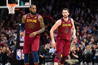 CLEVELAND, OH - MARCH 21: LeBron James #23 and Kevin Love #0 of the Cleveland Cavaliers in the backcourt on defense against the Toronto Raptors during the second half at Quicken Loans Arena on March 21, 2018 in Cleveland, Ohio. The Cavaliers defeated the 