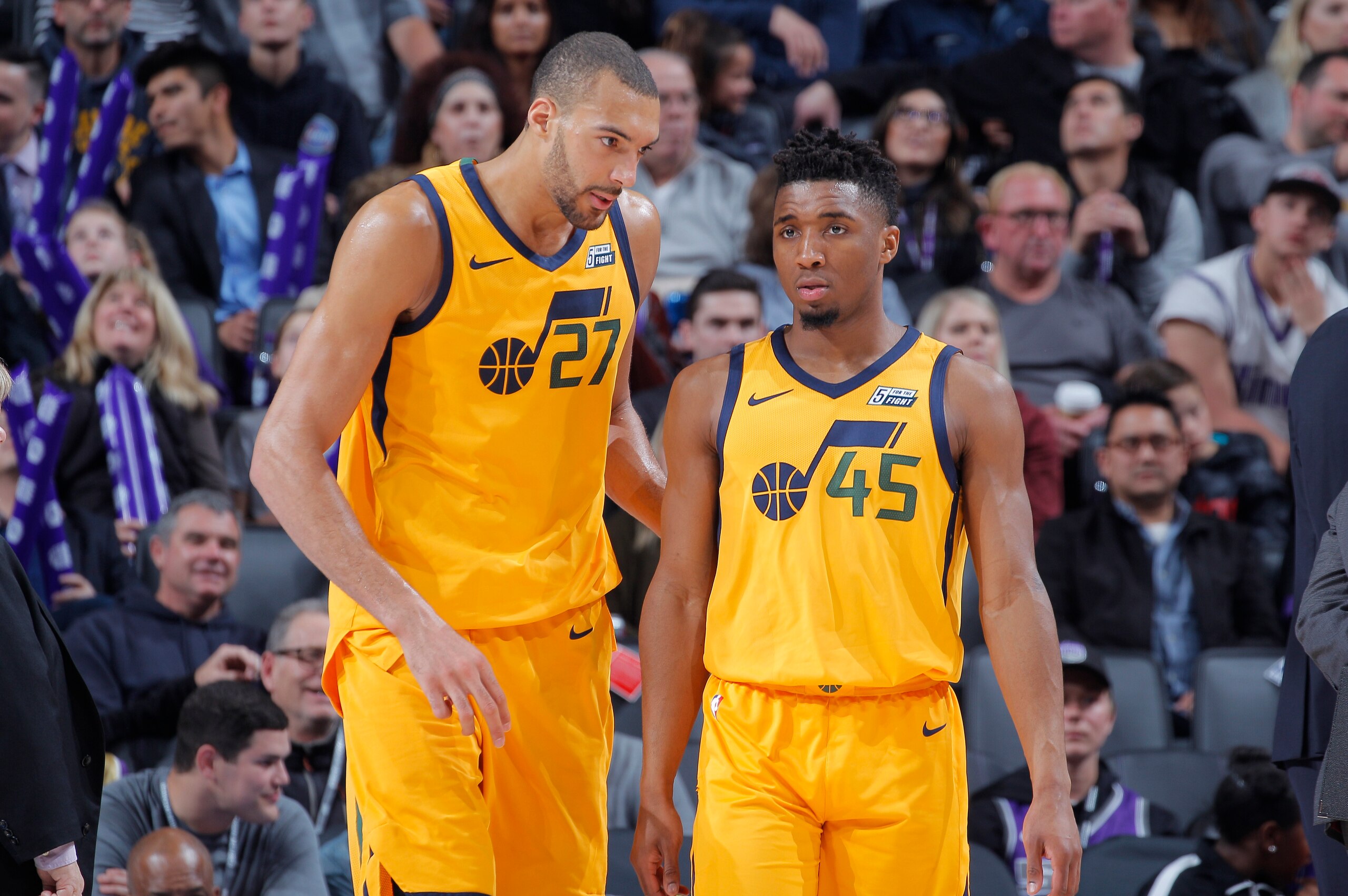 SACRAMENTO, CA - MARCH 3: Rudy Gobert #27 and Donovan Mitchell #45 of the Utah Jazz talk during the game against the Sacramento Kings on March 3, 2018 at Golden 1 Center in Sacramento, California. NOTE TO USER: User expressly acknowledges and agrees that,