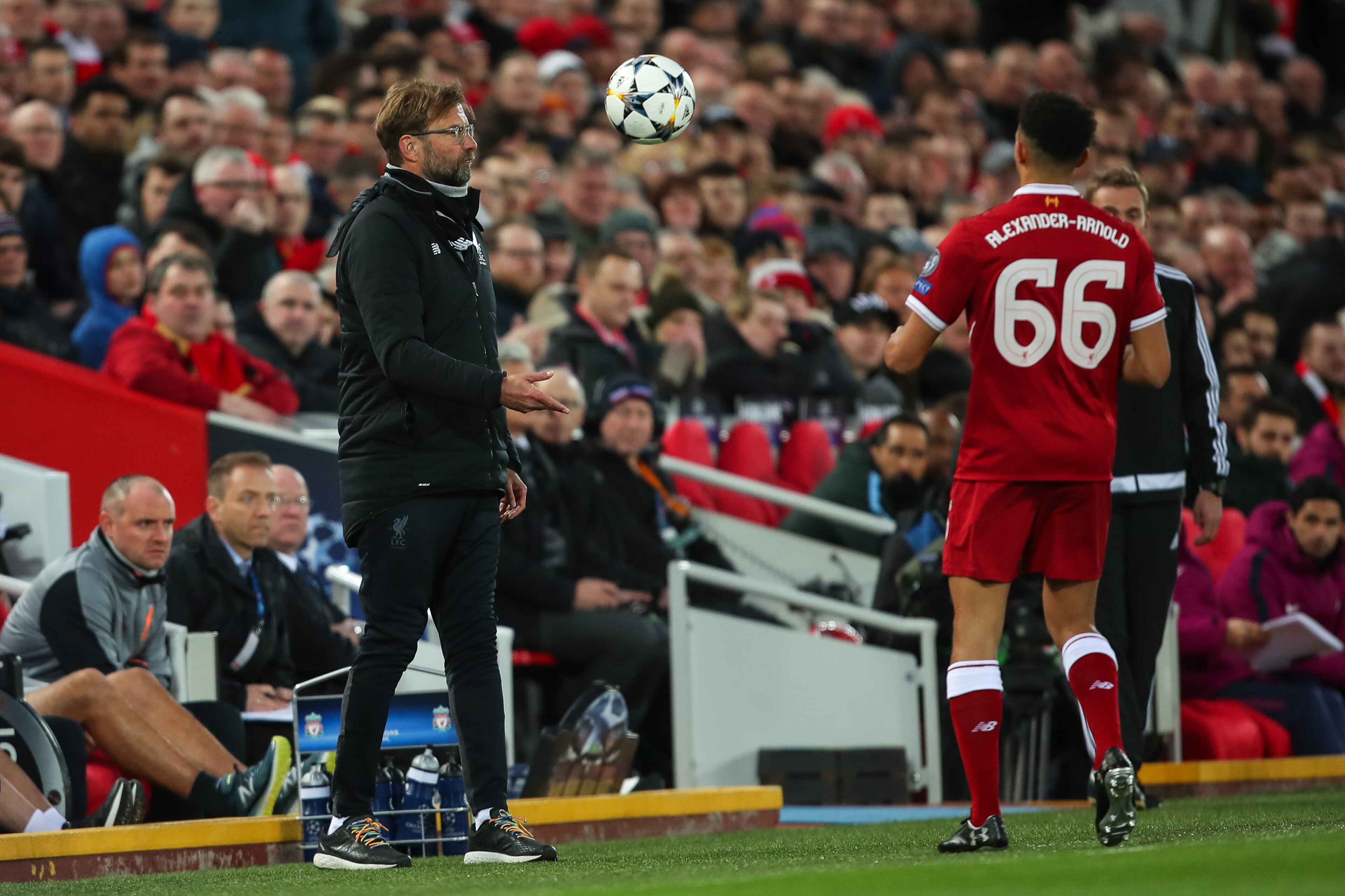 LIVERPOOL, ENGLAND - APRIL 04: Jurgen Klopp manager / head coach of Liverpool and Trent Alexander-Arnold of Liverpool during the UEFA Champions League Quarter Final first leg match between Liverpool and Manchester City at Anfield on April 4, 2018 in Liver