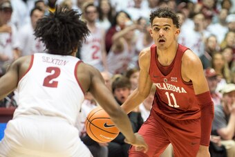 TUSCALOOSA, AL - JANUARY 27: Trae Young #11 of the Oklahoma Sooners looks to maneuver by Collin Sexton #2 of the Alabama Crimson Tide during the game at Coleman Coliseum on January 27, 2018 in Tuscaloosa, Alabama.  (Photo by Michael Chang/Getty Images)