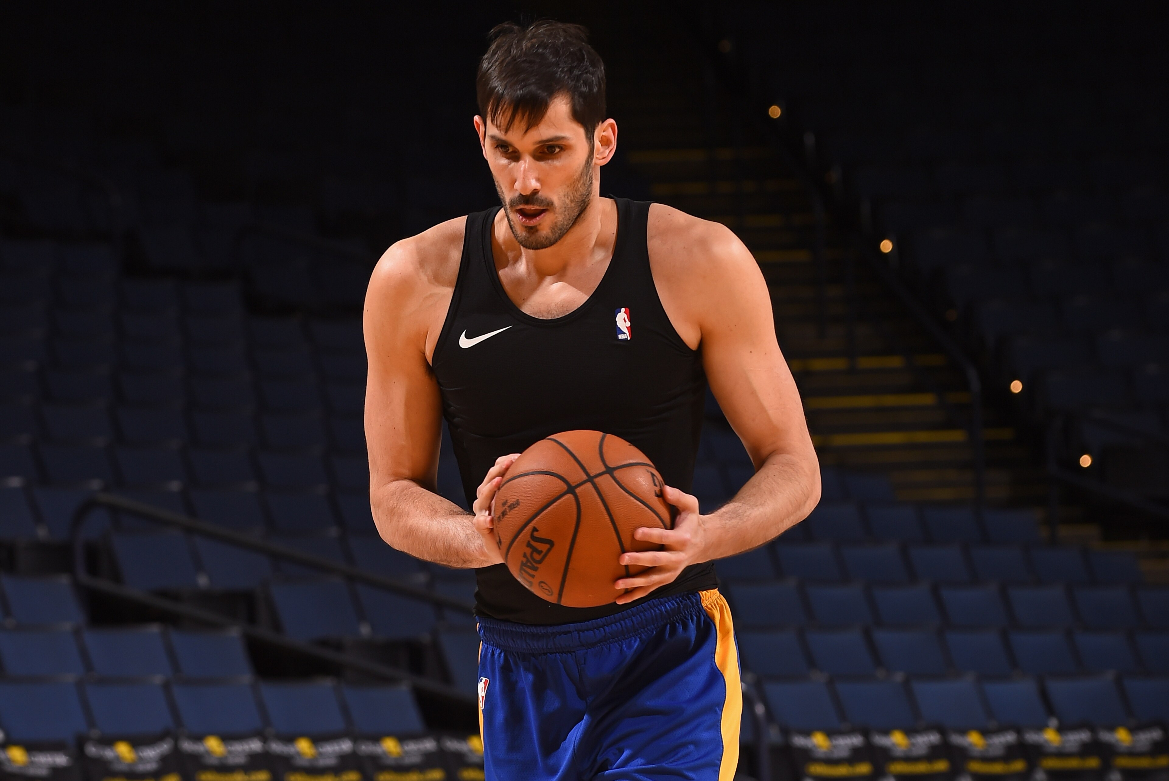OAKLAND, CA - MARCH 27: Omri Casspi #18 of the Golden State Warriors warms up before the game against the Indiana Pacers on March 27, 2018 at ORACLE Arena in Oakland, California. NOTE TO USER: User expressly acknowledges and agrees that, by downloading an