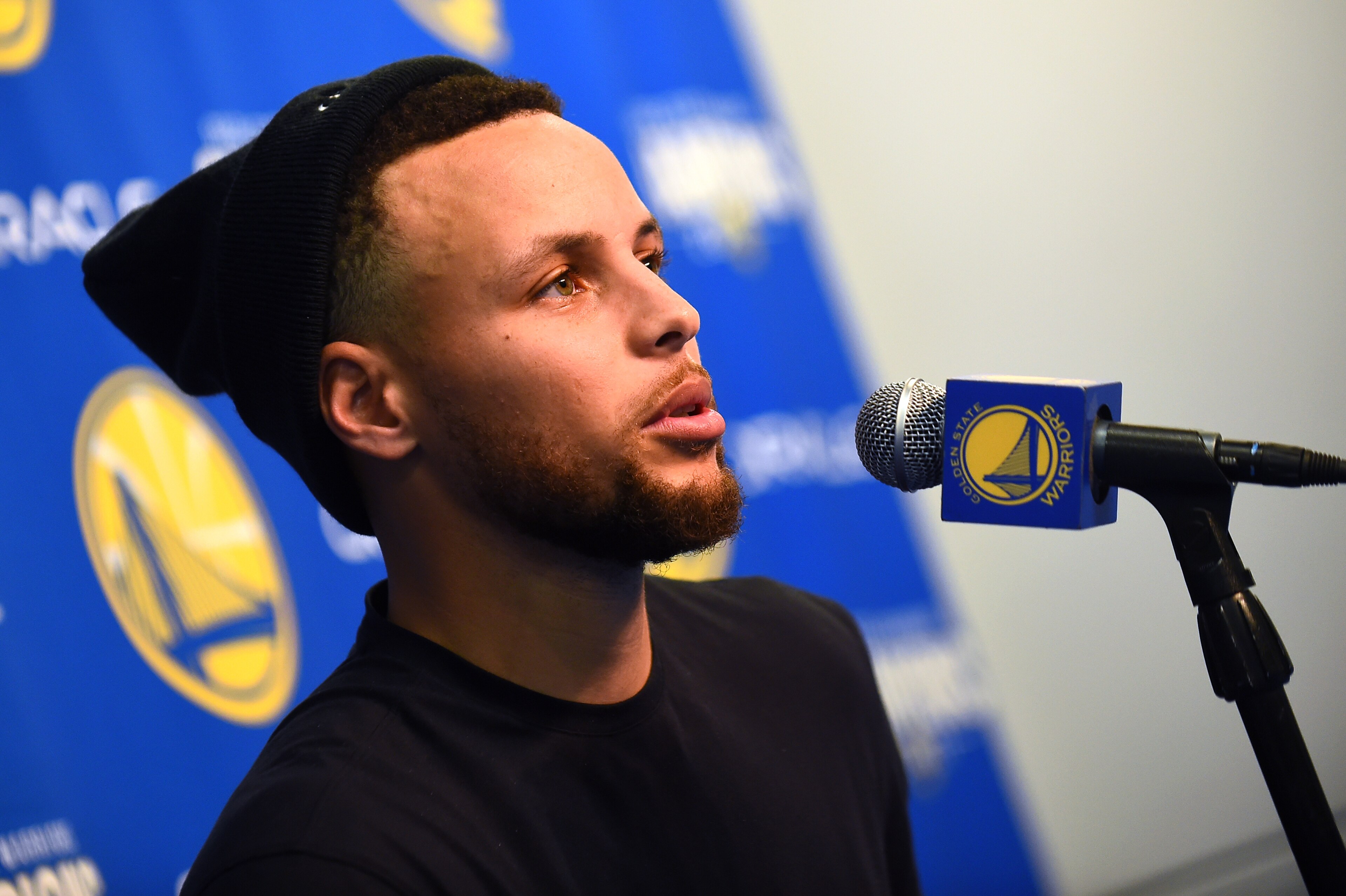 OAKLAND, CA - MARCH 25: Stephen Curry #30 of the Golden State Warriors speaks with the media before the game against the Utah Jazz on March 25, 2018 at ORACLE Arena in Oakland, California. NOTE TO USER: User expressly acknowledges and agrees that, by down