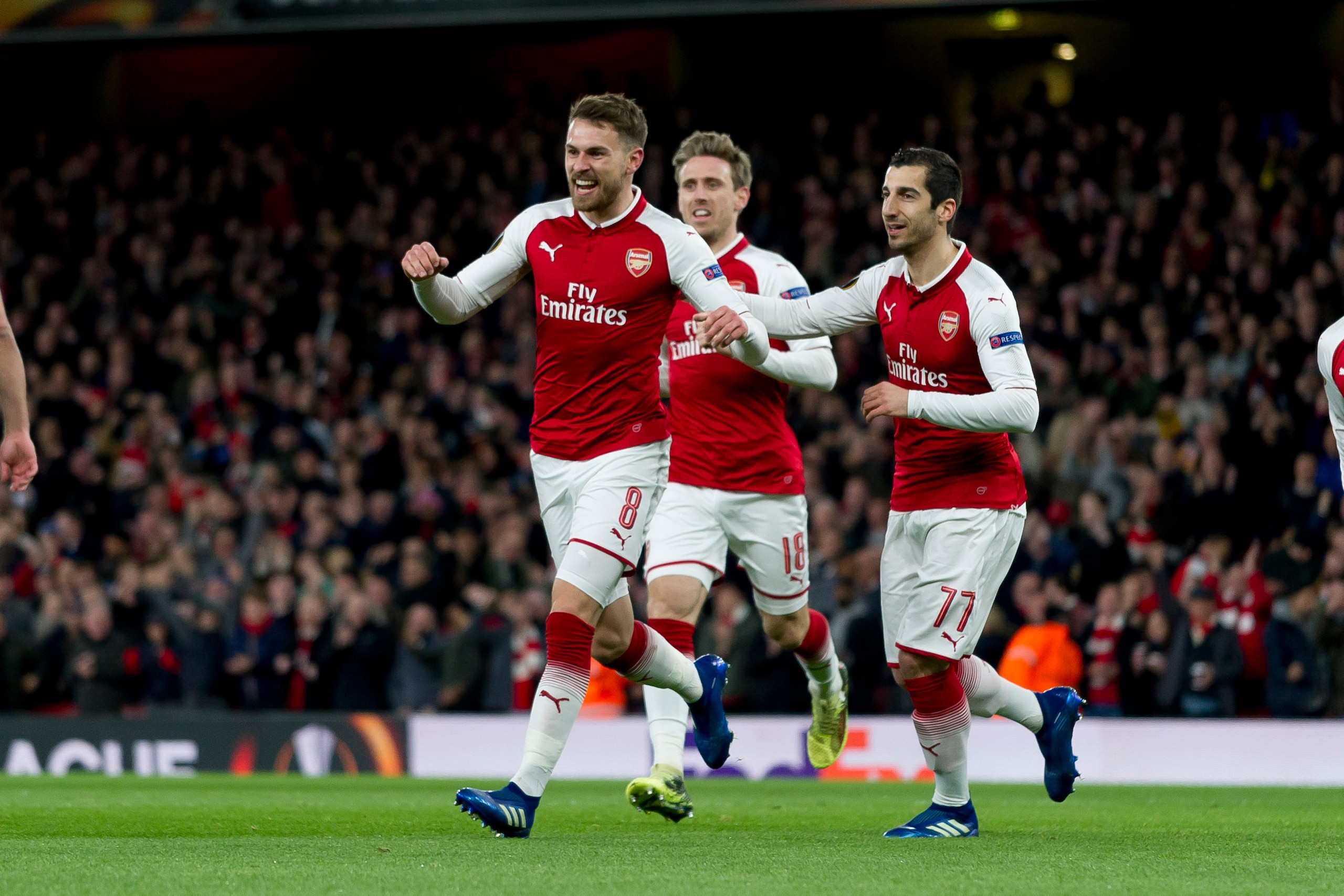 LONDON, ENGLAND - APRIL 05:  Aaron Ramsey of Arsenal celebrates after scoring  the frist goal during the UEFA UEFA Europa League Quarter-Final first leg match between Arsenal FC and CSKA Moskva at Emirates Stadium on April 5, 2018 in London, United Kingdo