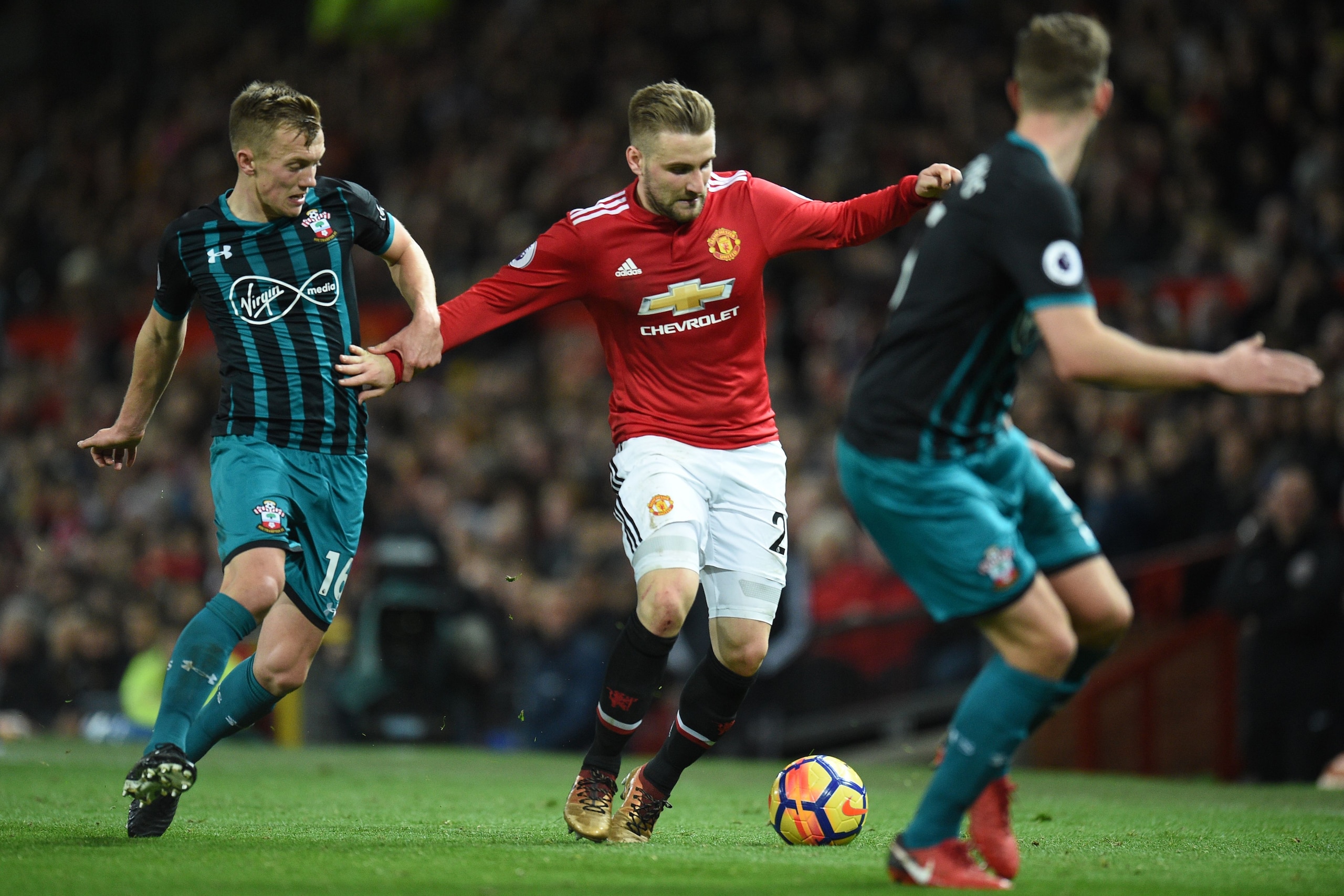 Southampton's English midfielder James Ward-Prowse (L) vies with Manchester United's English defender Luke Shaw during the English Premier League football match between Manchester United and Southampton at Old Trafford in Manchester, north west England, o Southampton's English midfielder James Ward-Prowse (L) vies with Manchester United's English defender Luke Shaw during the English Premier League football match between Manchester United and Southampton at Old Trafford in Manchester, north west England, o