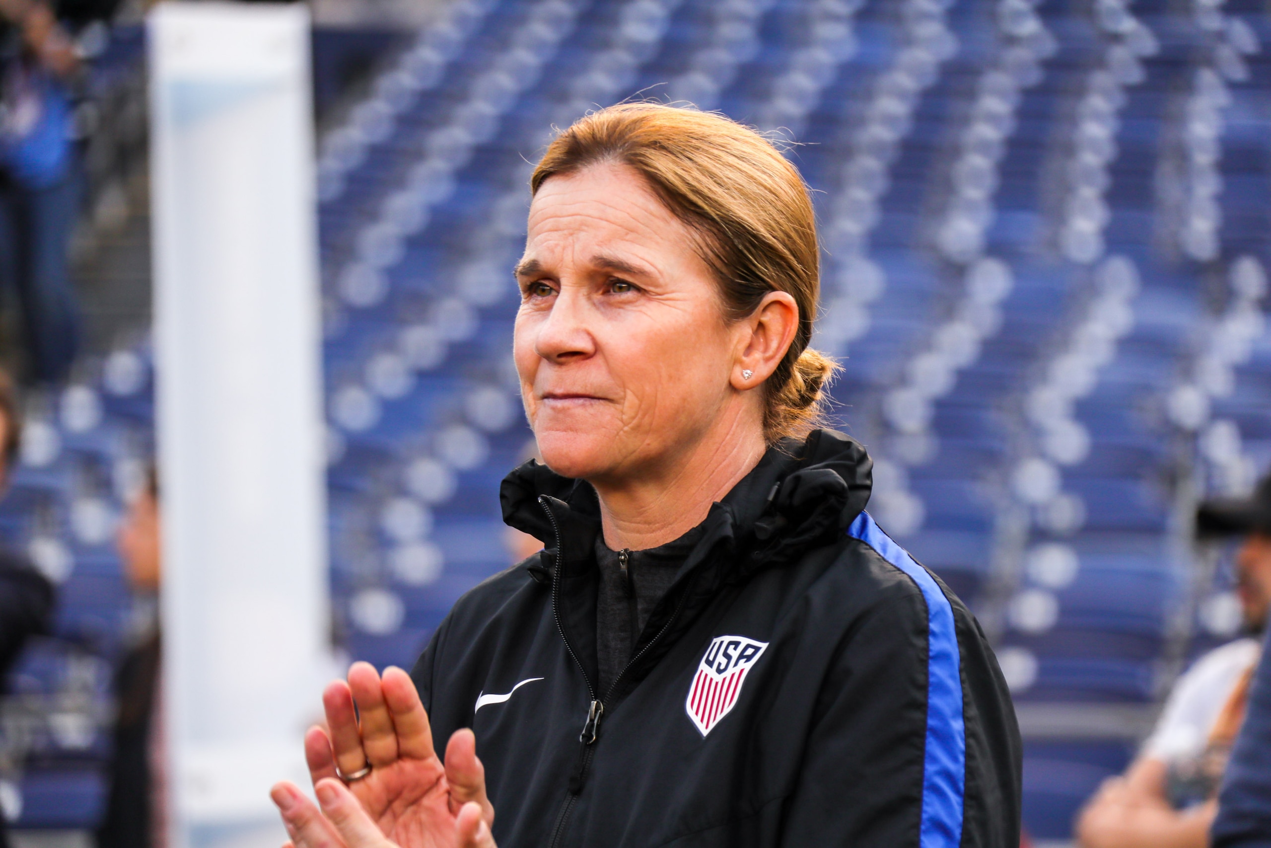 SAN DIEGO, CA - JANUARY 21:  Head coach Jill Ellis of the U.S. women's national team looks on during pregame ceremonies against the Danish women's national team at SDCCU Stadium on January 21, 2018 in San Diego, California.  (Photo by Kent Horner/Getty Im