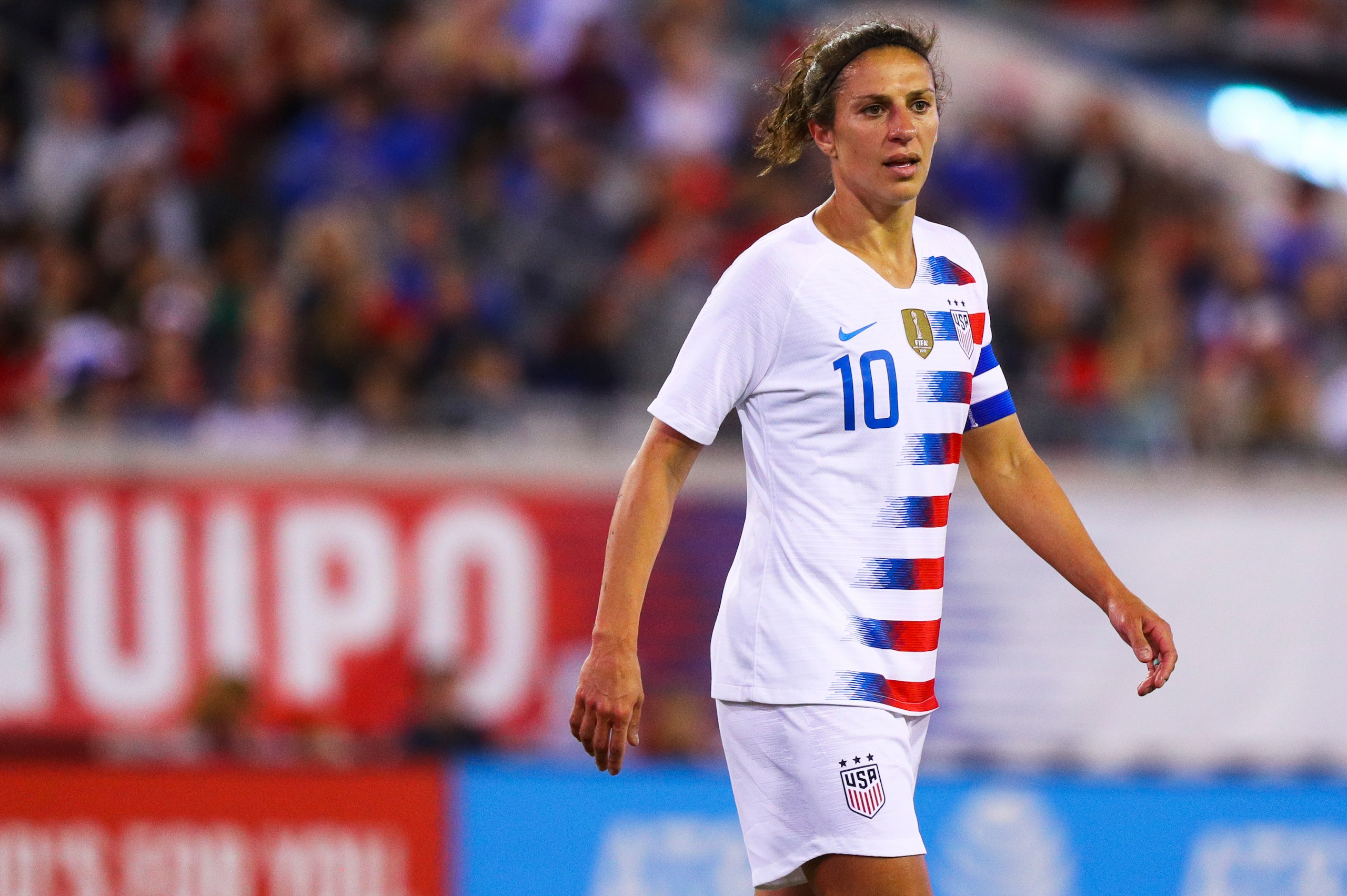 JACKSONVILLE, FL - APRIL 5: Carli Lloyd #10 of United States looks on in the second half against Mexico at Everbank Field on April 5, 2018 in Jacksonville, Florida. (Photo by Logan Bowles/Getty Images)