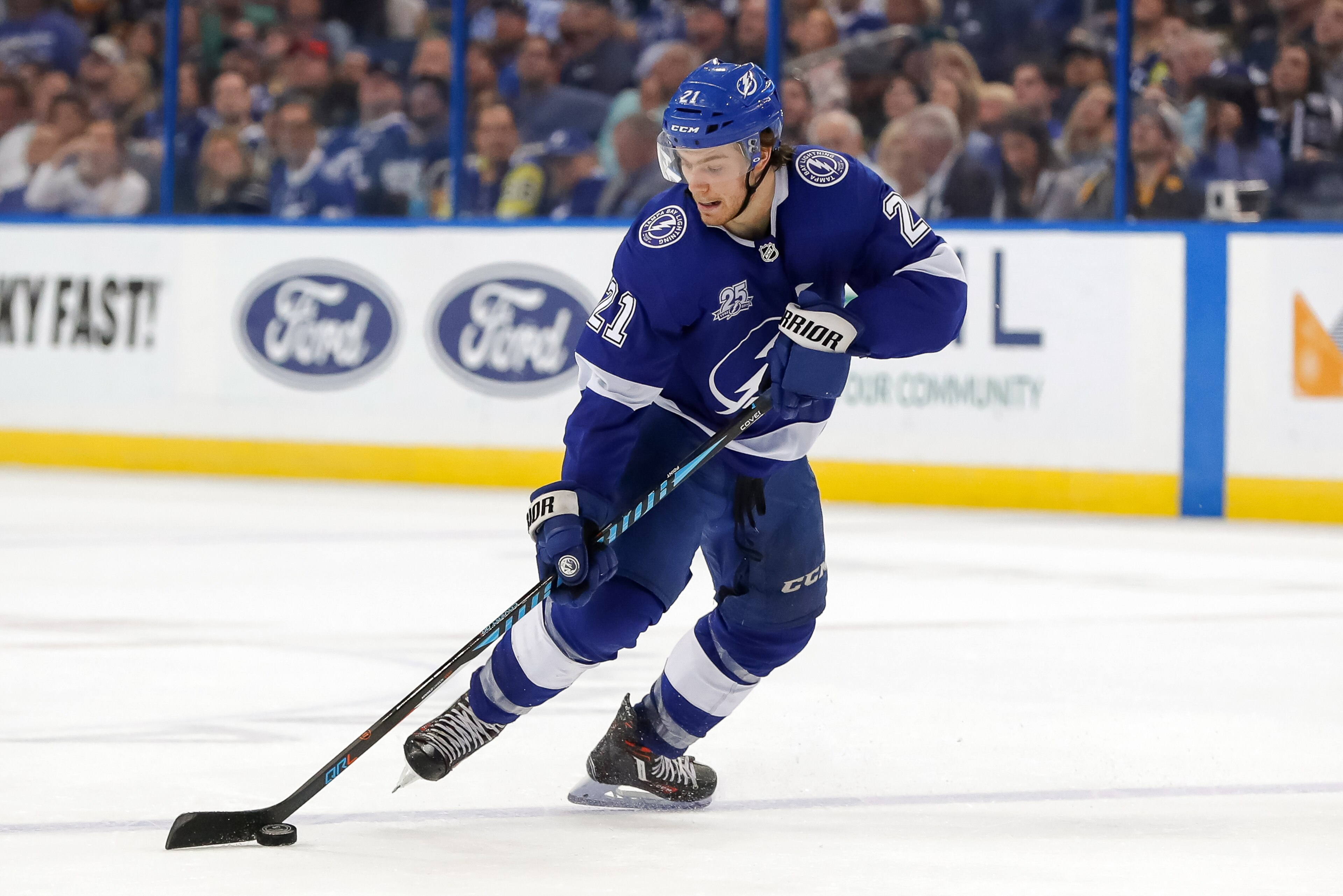 TAMPA, FL - APRIL  3: Brayden Point #21 of the Tampa Bay Lightning looks to shoot against the Boston Bruins during the first period of the game at the Amalie Arena on April 3, 2018 in Tampa, Florida. (Photo by Mike Carlson/Getty Images) *** Local Caption 
