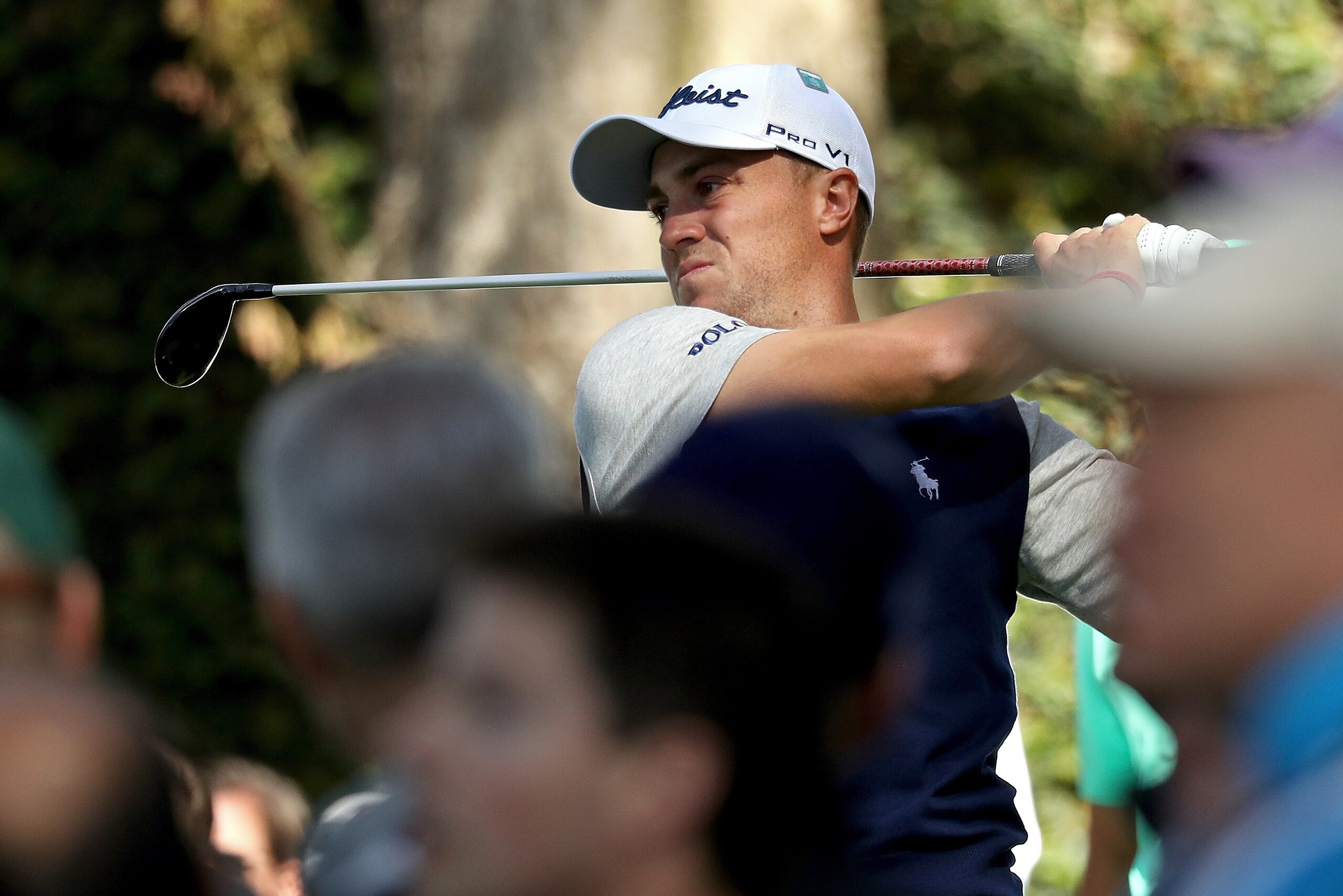 AUGUSTA, GA - APRIL 05:  Justin Thomas of the United States plays his shot from the second tee during the first round of the 2018 Masters Tournament at Augusta National Golf Club on April 5, 2018 in Augusta, Georgia.  (Photo by Patrick Smith/Getty Images)