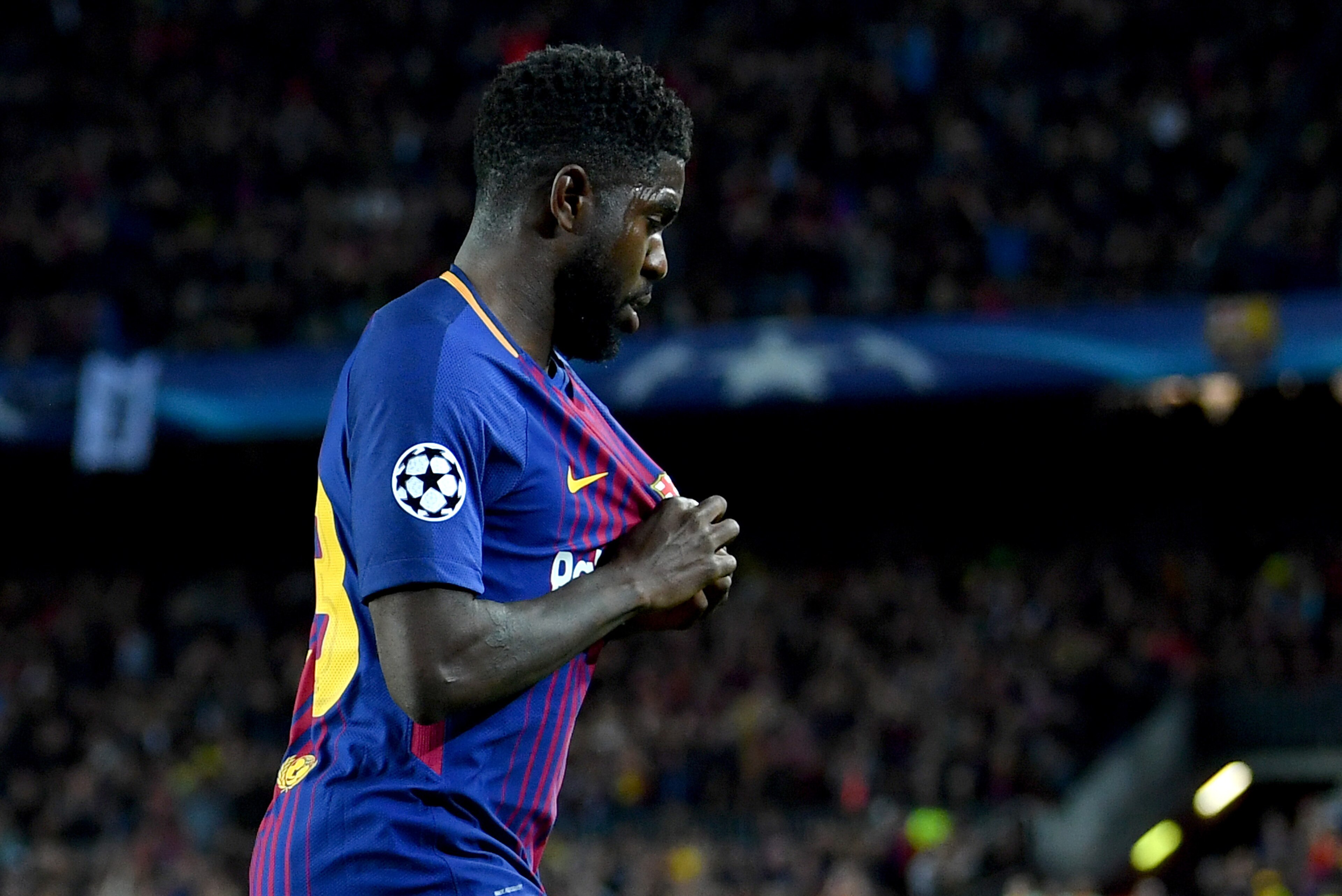 BARCELONA, SPAIN - APRIL 04: Samuel Umtiti of Barcelona celebrates after scoring his sides second goal during the UEFA Champions League Quarter Final Leg One match between FC Barcelona and AS Roma at Camp Nou on April 4, 2018 in Barcelona, Spain.  (Photo 