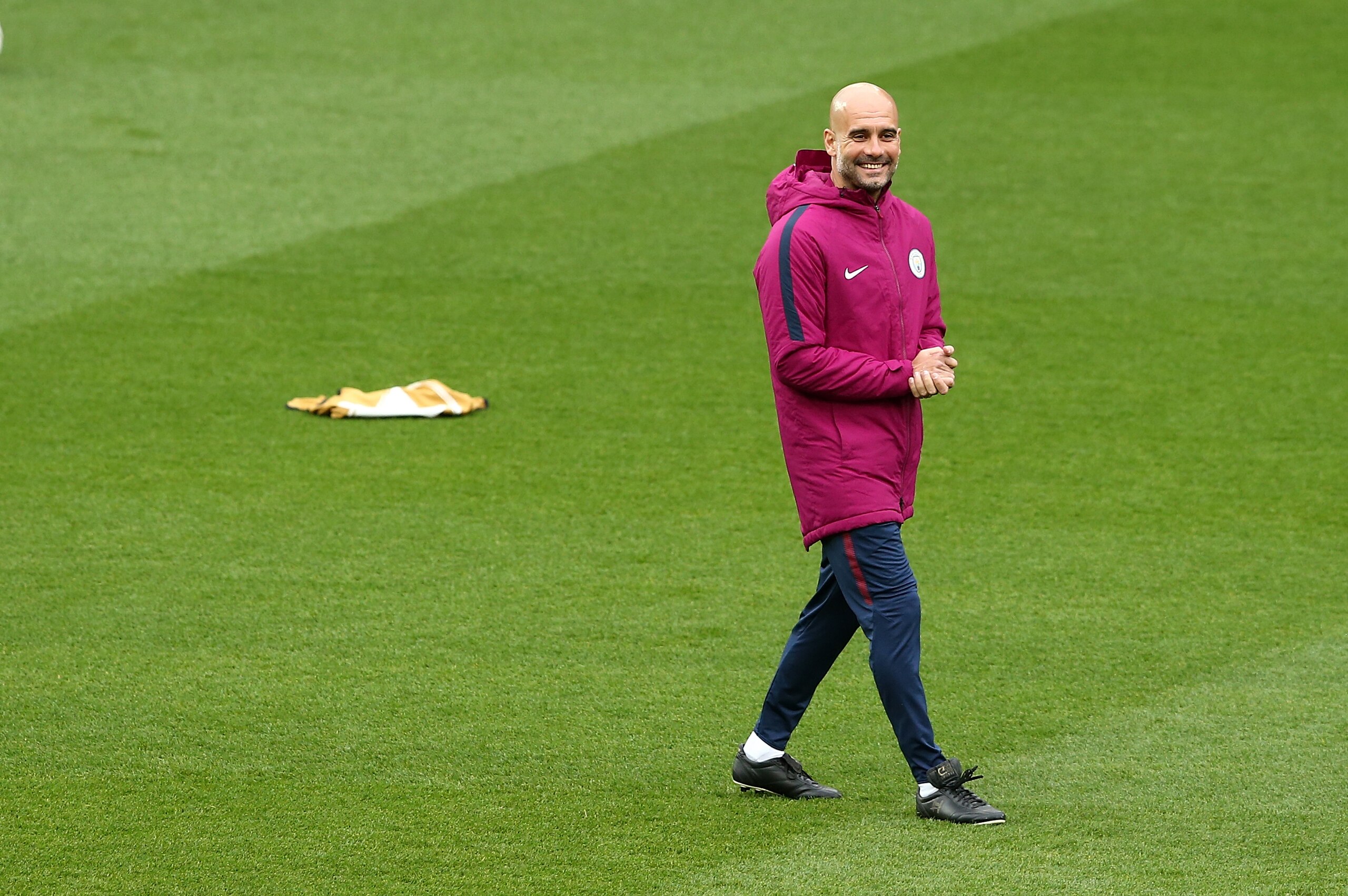 LIVERPOOL, ENGLAND - APRIL 03:  Pep Guardiola the manager of Manchester City during the teams training session prior to the UEFA Champions League quater final 1st leg at Anfield on April 3, 2018 in Liverpool, England.  (Photo by Jan Kruger/Getty Images)
