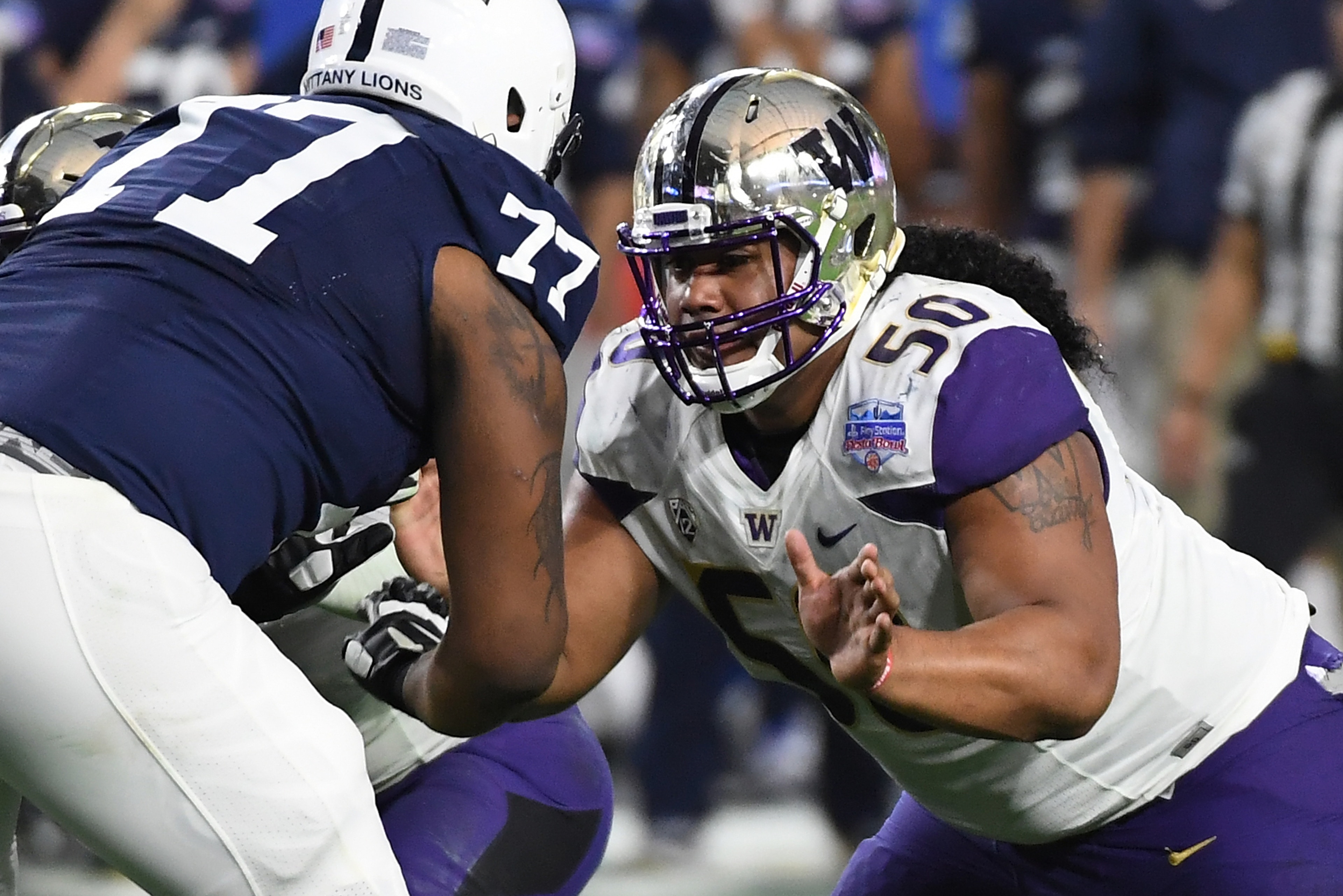 GLENDALE, AZ - DECEMBER 30:  Vita Vea #50 of the Washington Huskies looks to make a play against the Penn State Nittany Lions during the Playstation Fiesta Bowl at University of Phoenix Stadium on December 30, 2017 in Glendale, Arizona.  (Photo by Norm Ha