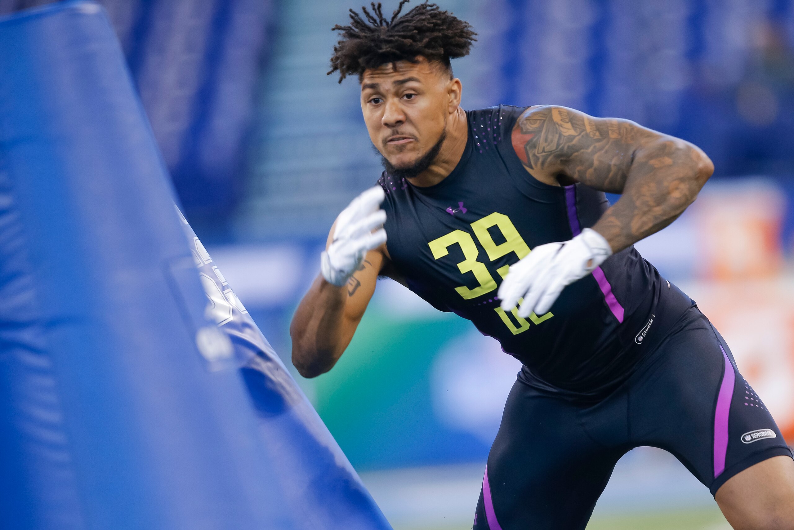 INDIANAPOLIS, IN - MARCH 04:  Boston College defensive lineman Harold Landry (DL39) participates in a drill during the NFL Scouting Combine at Lucas Oil Stadium on March , 2018 in Indianapolis, Indiana. (Photo by Michael Hickey/Getty Images)
