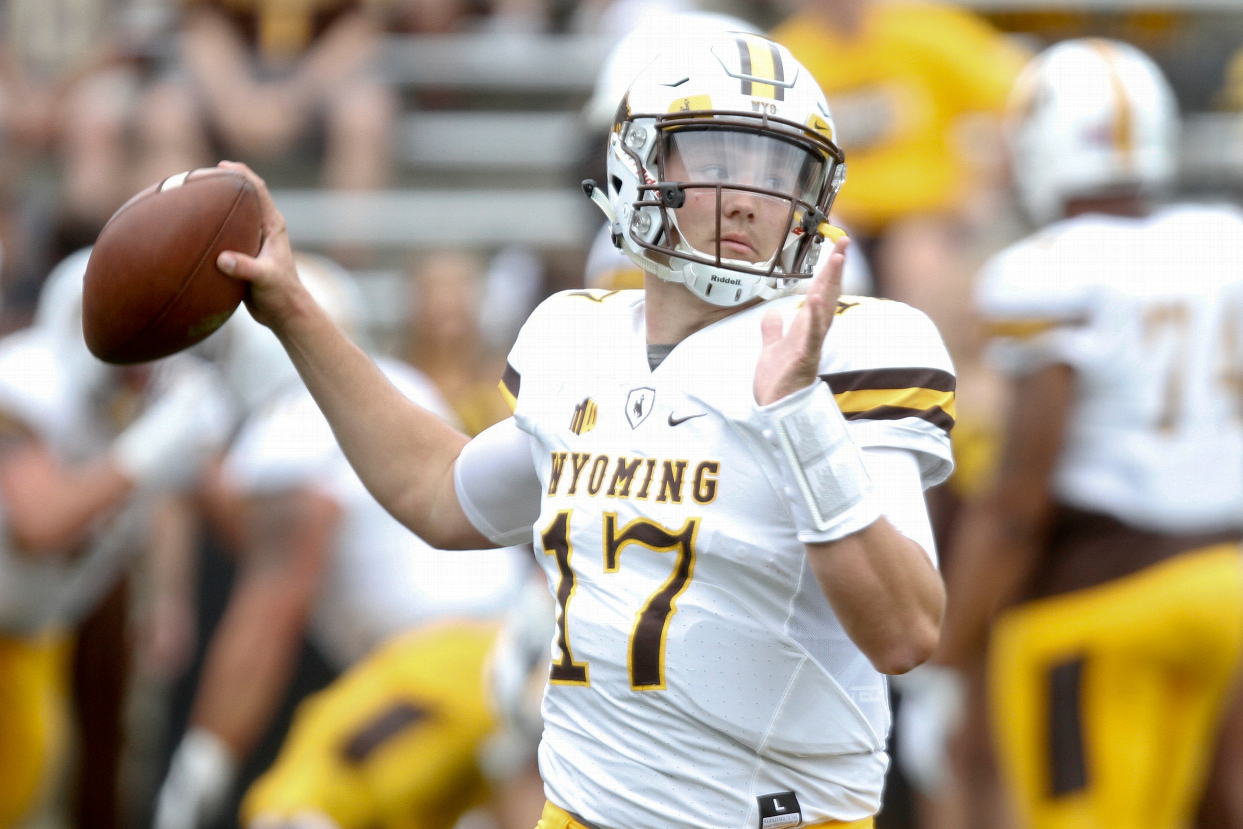 IOWA CITY, IOWA- SEPTEMBER 2:  Quarterback Josh Allen #17 of the Wyoming Cowboys warms up before the match-up against the Iowa Hawkeyes, on September 2, 2017 at Kinnick Stadium in Iowa City, Iowa.  (Photo by Matthew Holst/Getty Images)