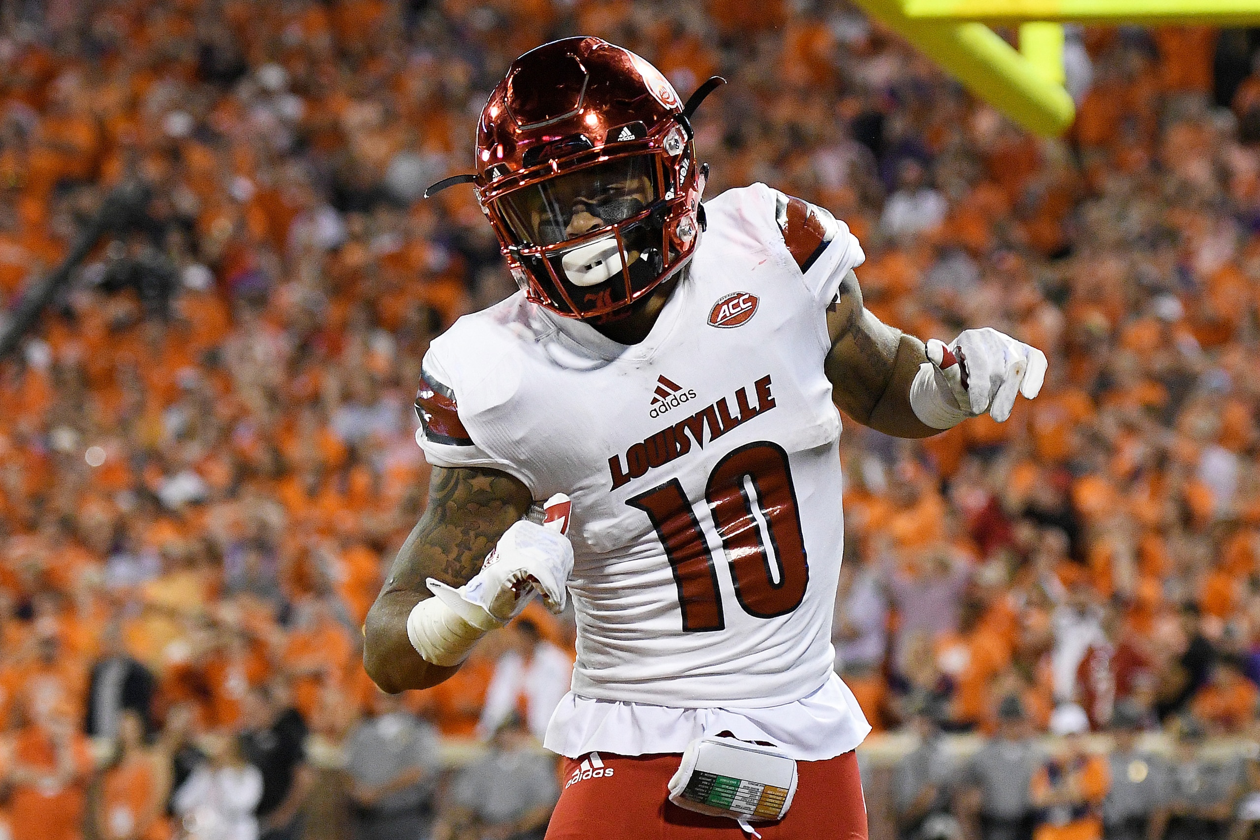 CLEMSON, SC - OCTOBER 01:  Jaire Alexander #10 of the Louisville Cardinals reacts after intercepting the ball during the second quarter against the Clemson Tigers at Memorial Stadium on October 1, 2016 in Clemson, South Carolina.  (Photo by Grant Halverso