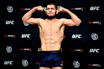 BROOKLYN, NY - APRIL 06:  Khabib Nurmagomedov of Russia poses on the scale during the UFC 223 official weigh-ins on April 6, 2018 in Brooklyn, New York. (Photo by Jeff Bottari/Zuffa LLC/Zuffa LLC via Getty Images)
