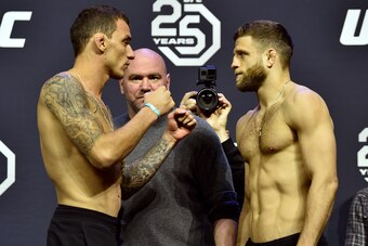 BROOKLYN, NEW YORK - APRIL 06:  (L-R) Renato Moicano of Brazil and Calvin Kattar face off during the UFC 223 weigh-in inside Barclays Center on April 6, 2018 in Brooklyn, New York. (Photo by Jeff Bottari/Zuffa LLC/Zuffa LLC via Getty Images)
