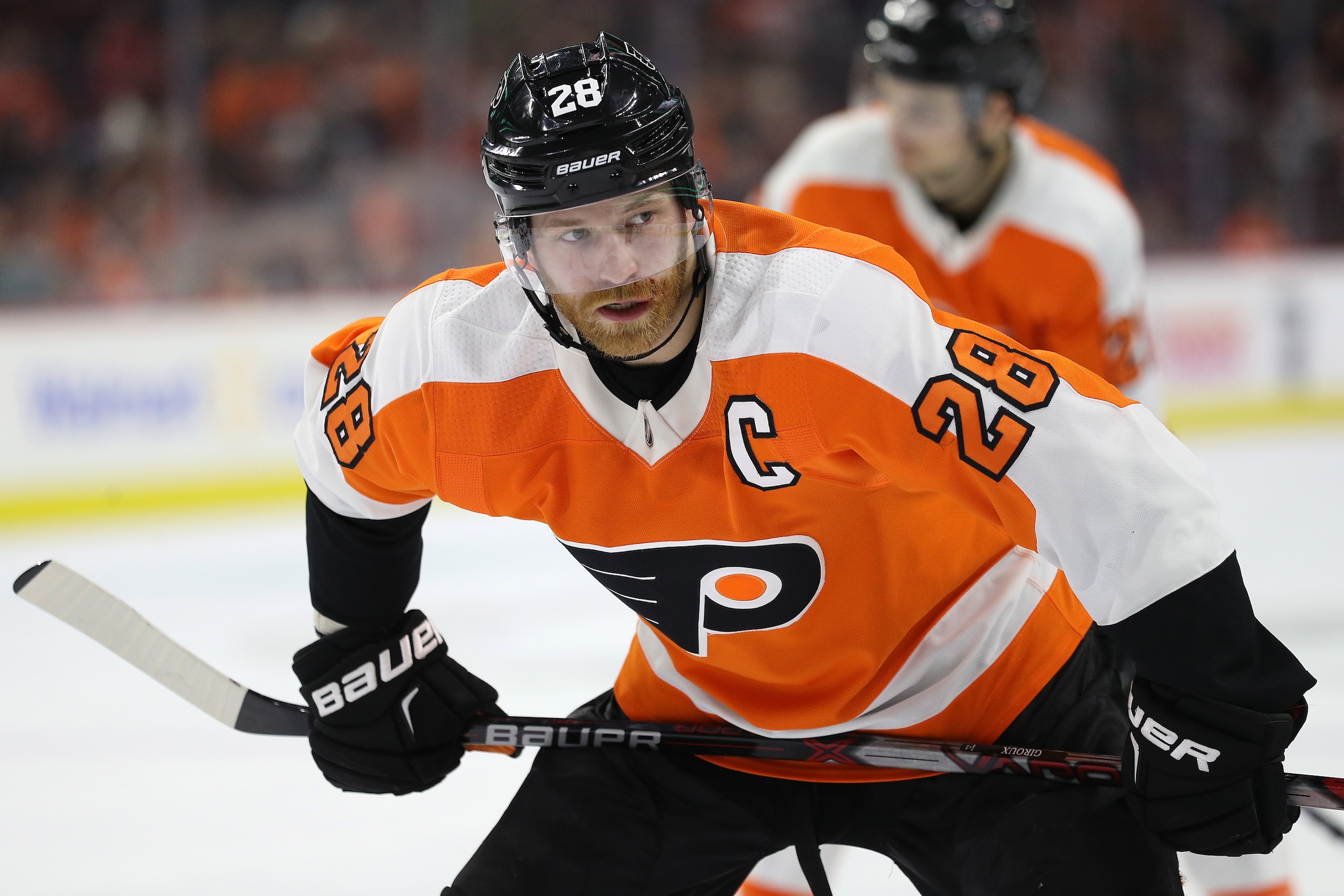 PHILADELPHIA, PA - MARCH 15: Claude Giroux #28 of the Philadelphia Flyers looks on against the Columbus Blue Jackets during the second period at Wells Fargo Center on March 15, 2018 in Philadelphia, Pennsylvania. (Photo by Patrick Smith/Getty Images)