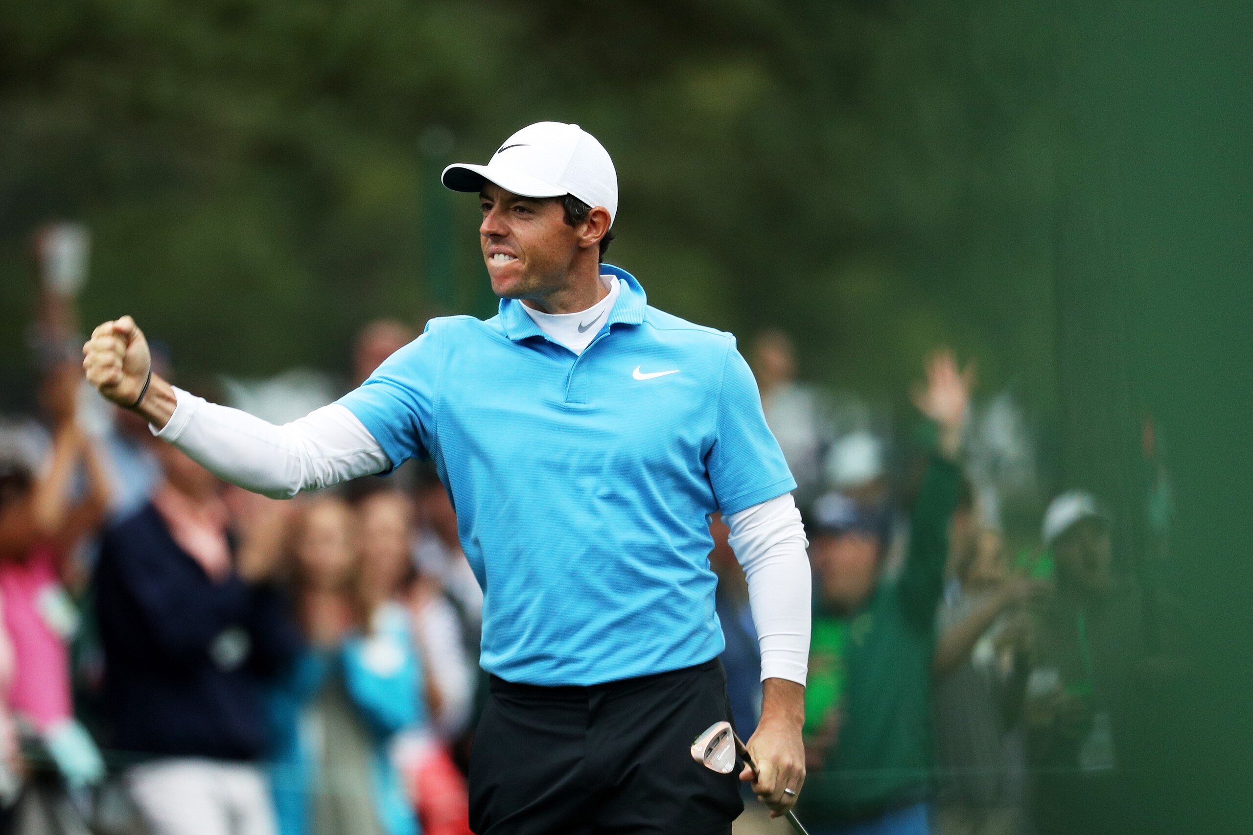 AUGUSTA, GA - APRIL 07:  Rory McIlroy of Northern Ireland celebrates making eagle on the eighth hole during the third round of the 2018 Masters Tournament at Augusta National Golf Club on April 7, 2018 in Augusta, Georgia.  (Photo by Patrick Smith/Getty I