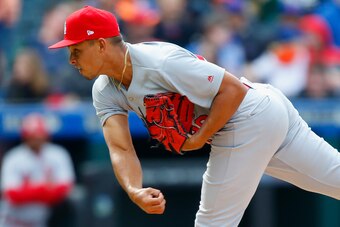 NEW YORK, NY - APRIL 01:  Jordan Hicks #49 of the St. Louis Cardinals in action against the New York Mets at Citi Field on April 1, 2018 in the Flushing neighborhood of the Queens borough of New York City. The Cardinals defeated the Mets 5-1.  (Photo by J