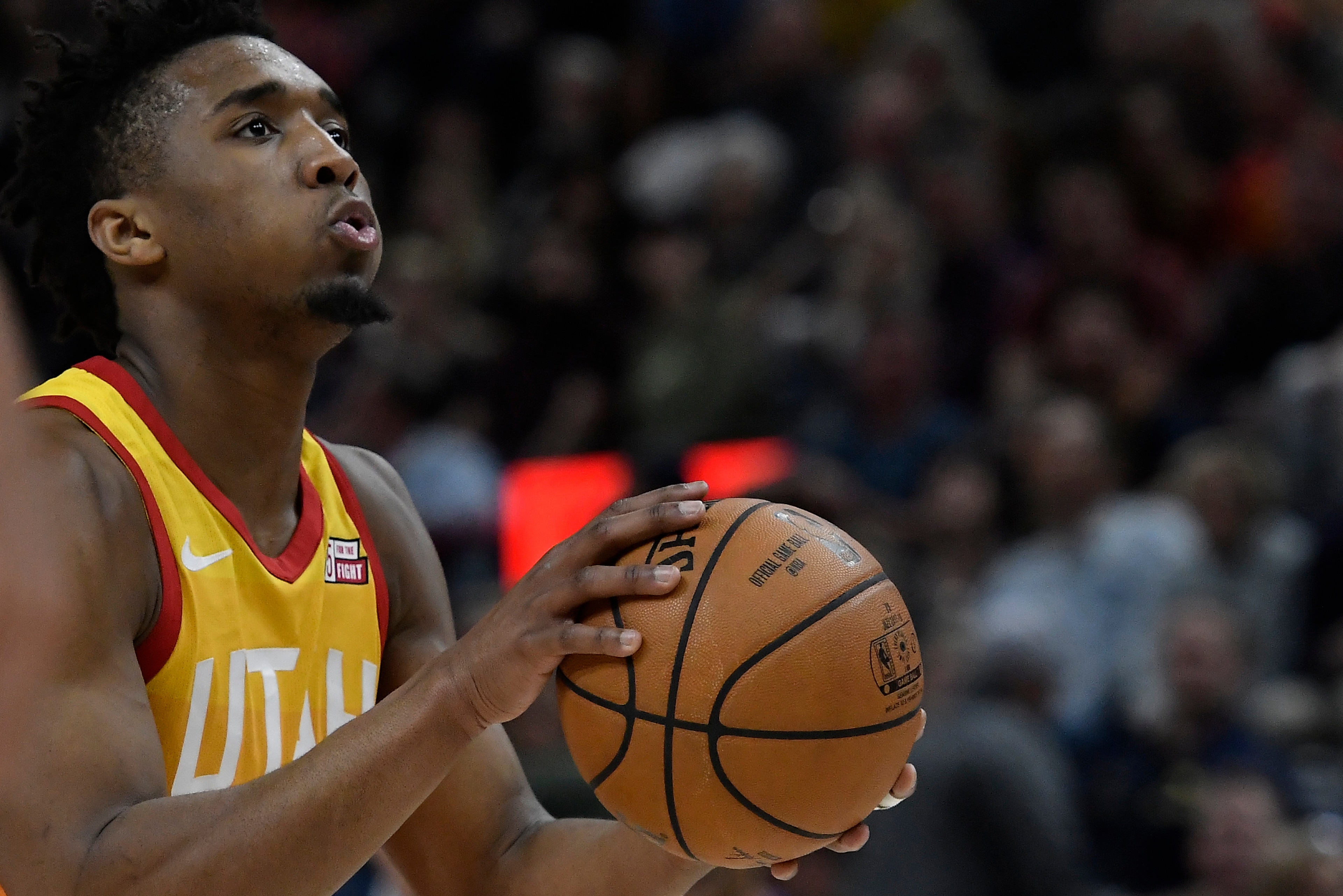 SALT LAKE CITY, UT - APRIL 03: Donovan Mitchell #45 of the Utah Jazz shoots a free throw against the Los Angeles Lakers in a game at Vivint Smart Home Arena on April 3, 2018 in Salt Lake City, Utah. NOTE TO USER: User expressly acknowledges and agrees tha