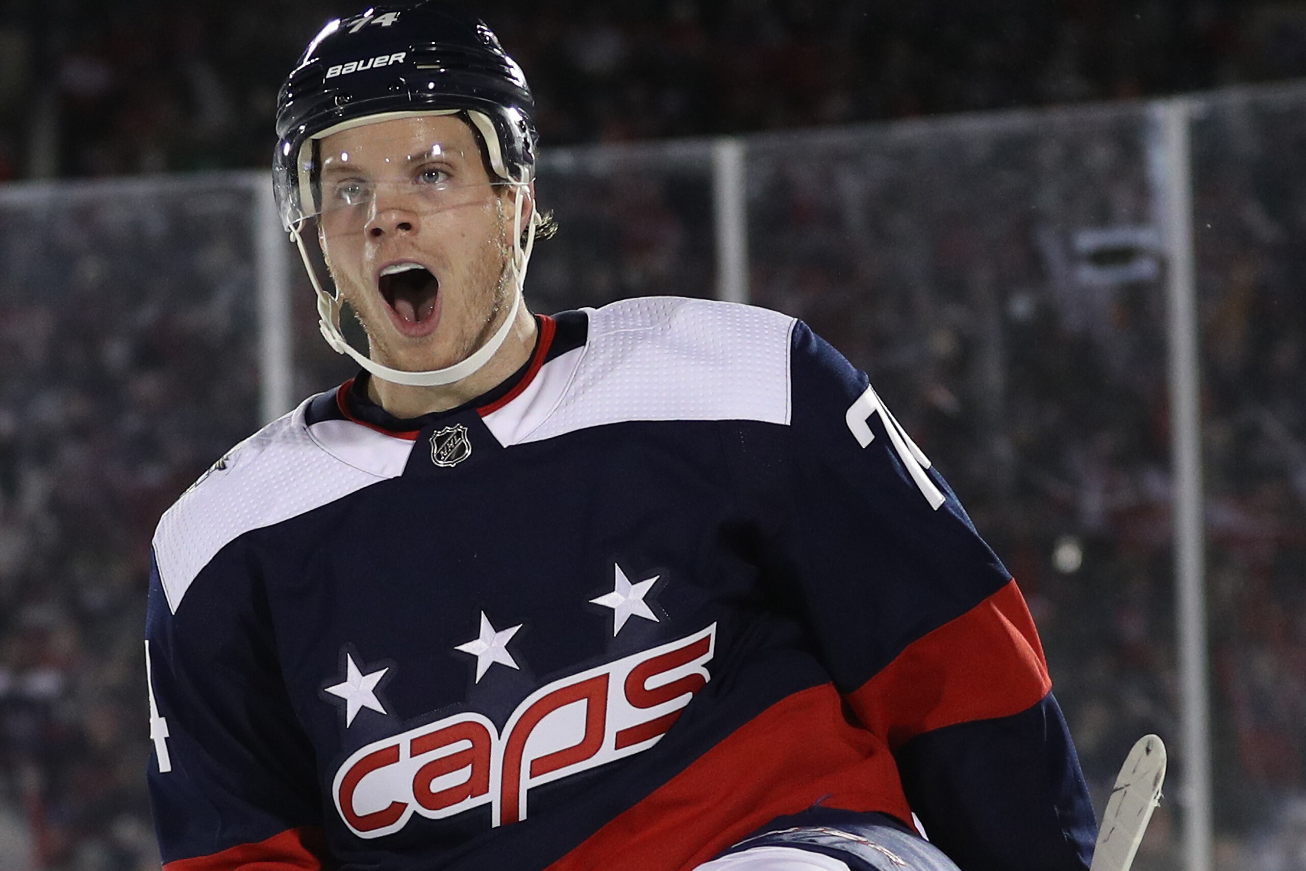 ANNAPOLIS, MD - MARCH 03: John Carlson #74 of the Washington Capitals celebrates his goal against the Toronto Maple Leafs during the second period in the Coors Light NHL Stadium Series at Navy-Marine Corps Memorial Stadium on March 3, 2018 in Annapolis, M