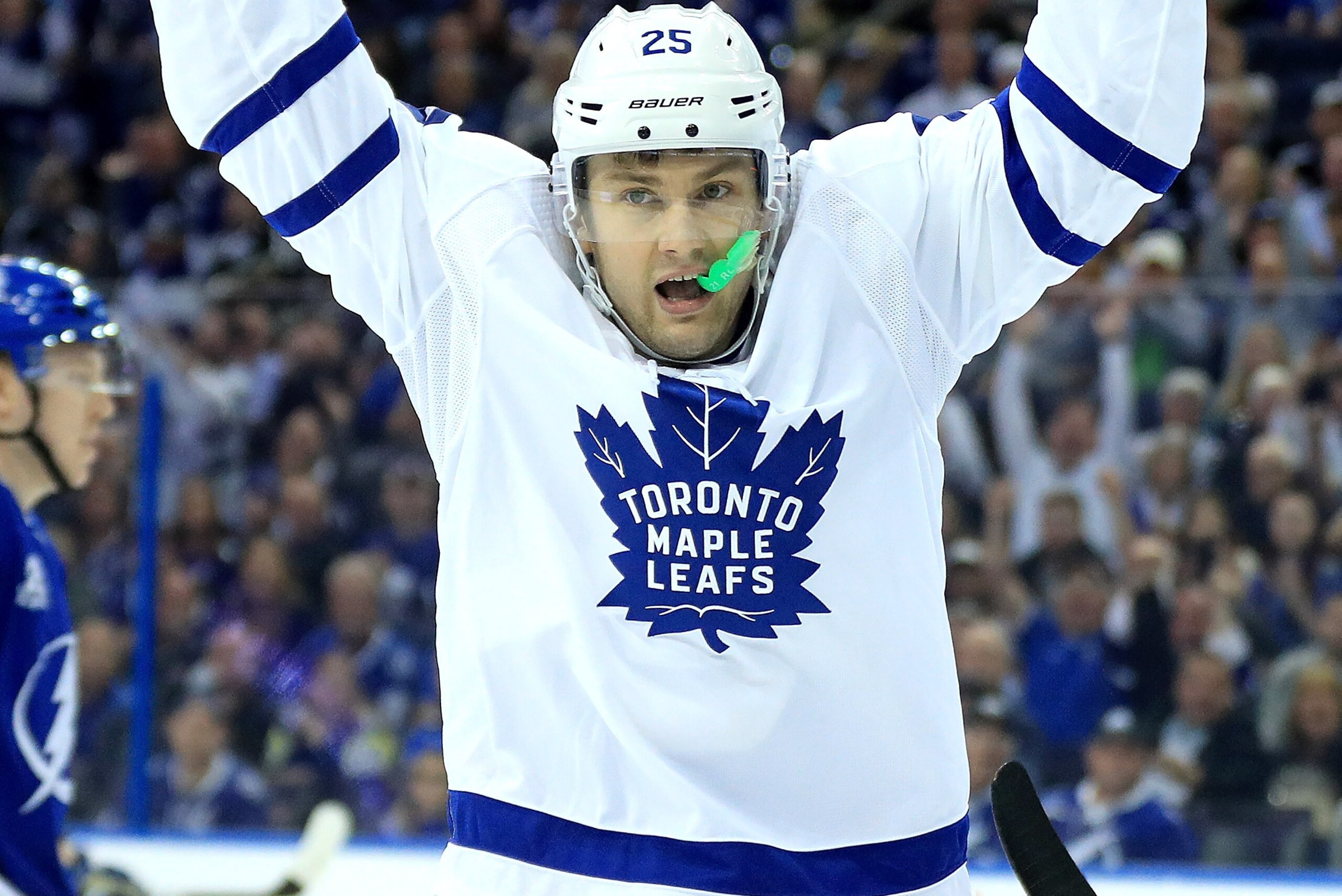TAMPA, FL - MARCH 20:  James van Riemsdyk #25 of the Toronto Maple Leafs celebrates a goal in his 600th NHL game during a game against the Tampa Bay Lightning at Amalie Arena on March 20, 2018 in Tampa, Florida.  (Photo by Mike Ehrmann/Getty Images)