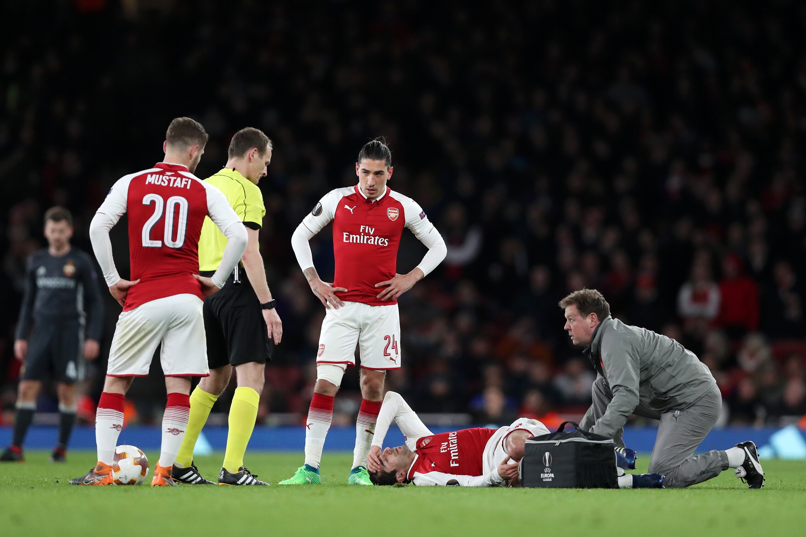 LONDON, ENGLAND - APRIL 05: Henrikh Mkhitaryan of Arsenal lies injured during the UEFA Europa League quarter final leg one match between Arsenal FC and CSKA Moskva at Emirates Stadium on April 5, 2018 in London, United Kingdom. (Photo by Dan Istitene/G LONDON, ENGLAND - APRIL 05: Henrikh Mkhitaryan of Arsenal lies injured during the UEFA Europa League quarter final leg one match between Arsenal FC and CSKA Moskva at Emirates Stadium on April 5, 2018 in London, United Kingdom. (Photo by Dan Istitene/G