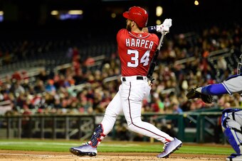 WASHINGTON, DC - APRIL 08: Bryce Harper #34 of the Washington Nationals hits a two-run home run in the first inning against the New York Mets at Nationals Park on April 8, 2018 in Washington, DC. (Photo by Patrick McDermott/Getty Images)