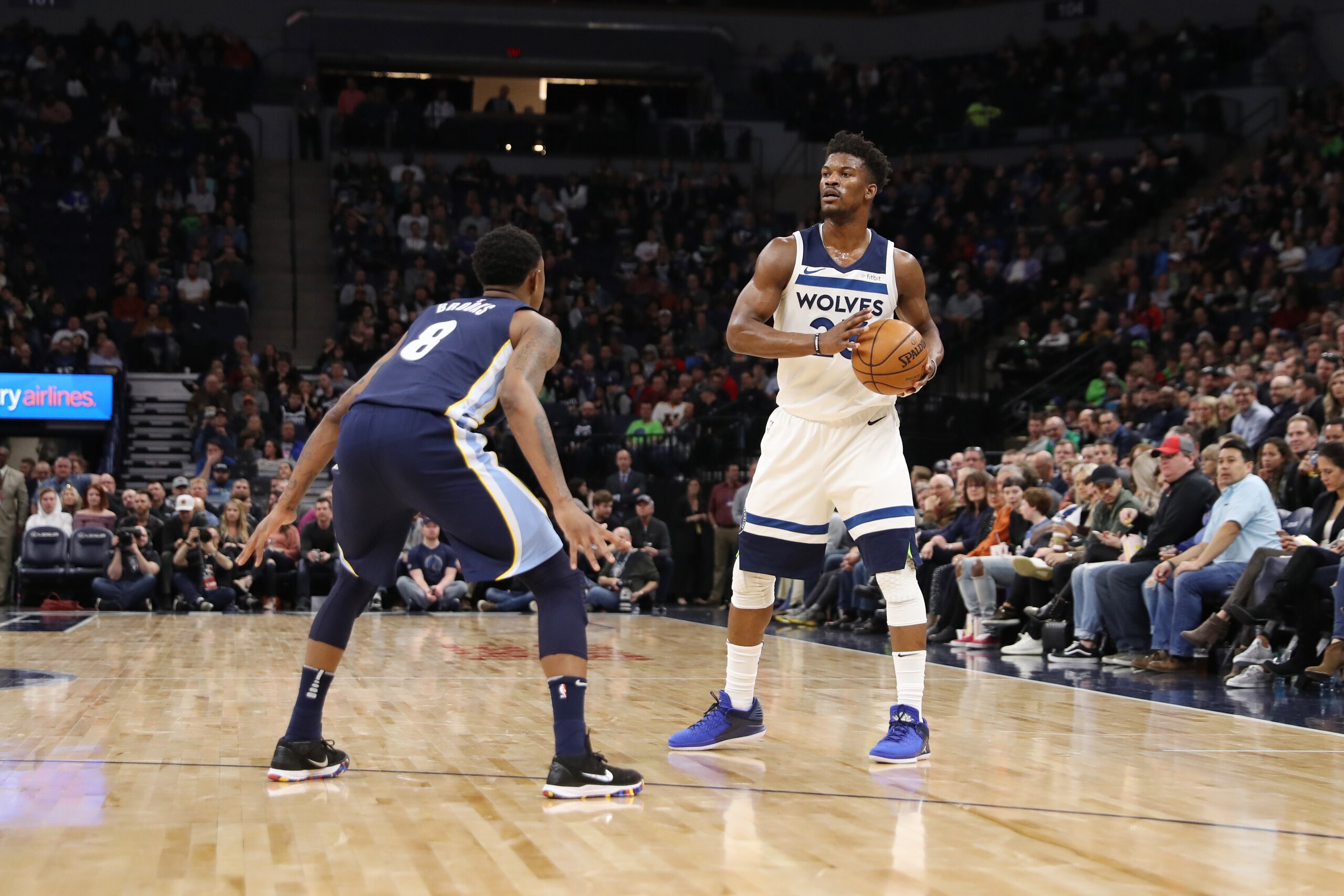 MINNEAPOLIS, MN -  APRIL 9:  Jimmy Butler #23 of the Minnesota Timberwolves handles the ball during the game against the Memphis Grizzlies on April 9, 2018 at Target Center in Minneapolis, Minnesota. NOTE TO USER: User expressly acknowledges and agrees th