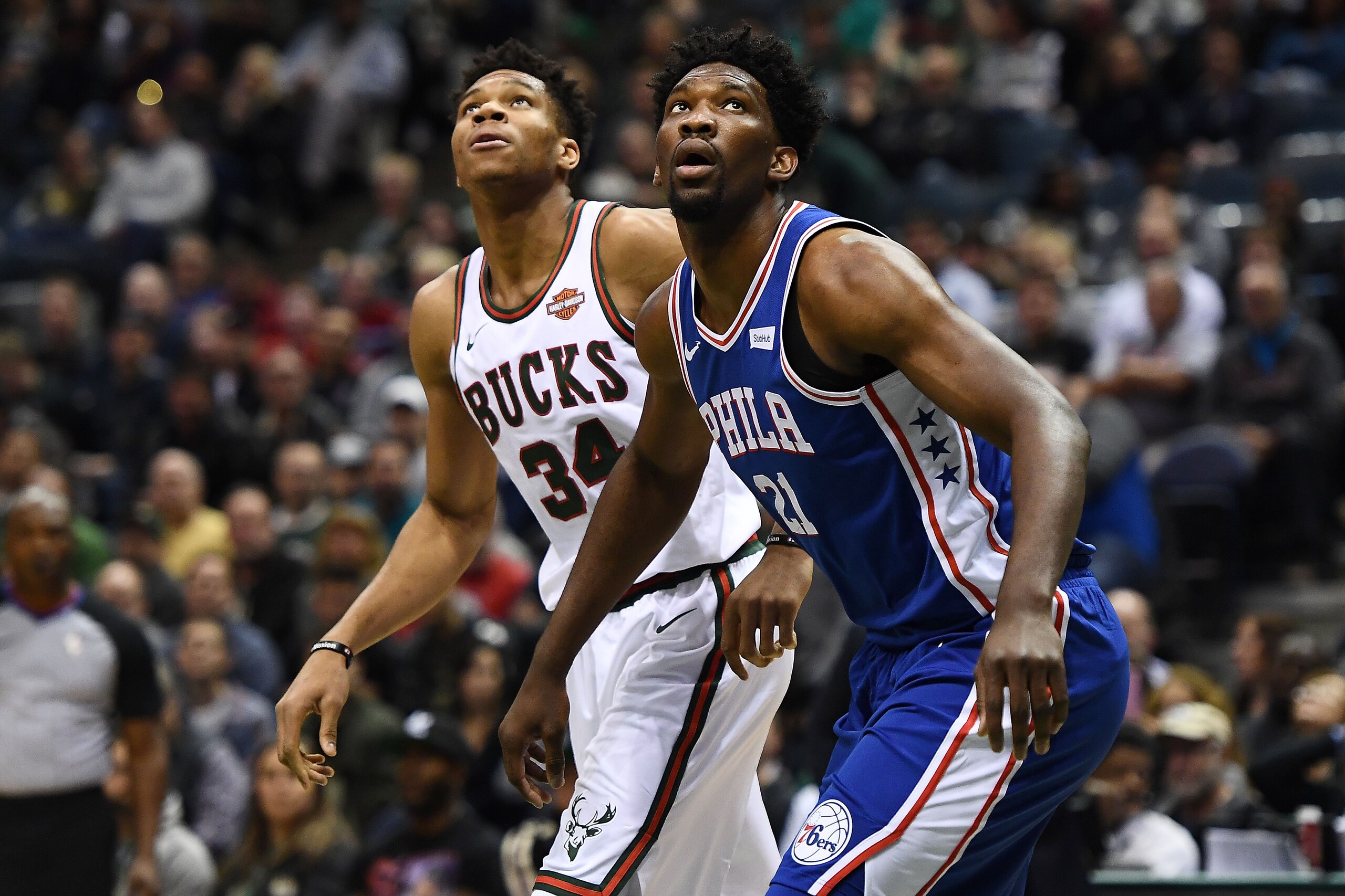MILWAUKEE, WI - MARCH 04: Giannis Antetokounmpo #34 of the Milwaukee Bucks and Joel Embiid #21 of the Philadelphia 76ers wait for a rebound during the first half of a game at the Bradley Center on March 4, 2018 in Milwaukee, Wisconsin. NOTE TO USER: Use MILWAUKEE, WI - MARCH 04: Giannis Antetokounmpo #34 of the Milwaukee Bucks and Joel Embiid #21 of the Philadelphia 76ers wait for a rebound during the first half of a game at the Bradley Center on March 4, 2018 in Milwaukee, Wisconsin. NOTE TO USER: Use