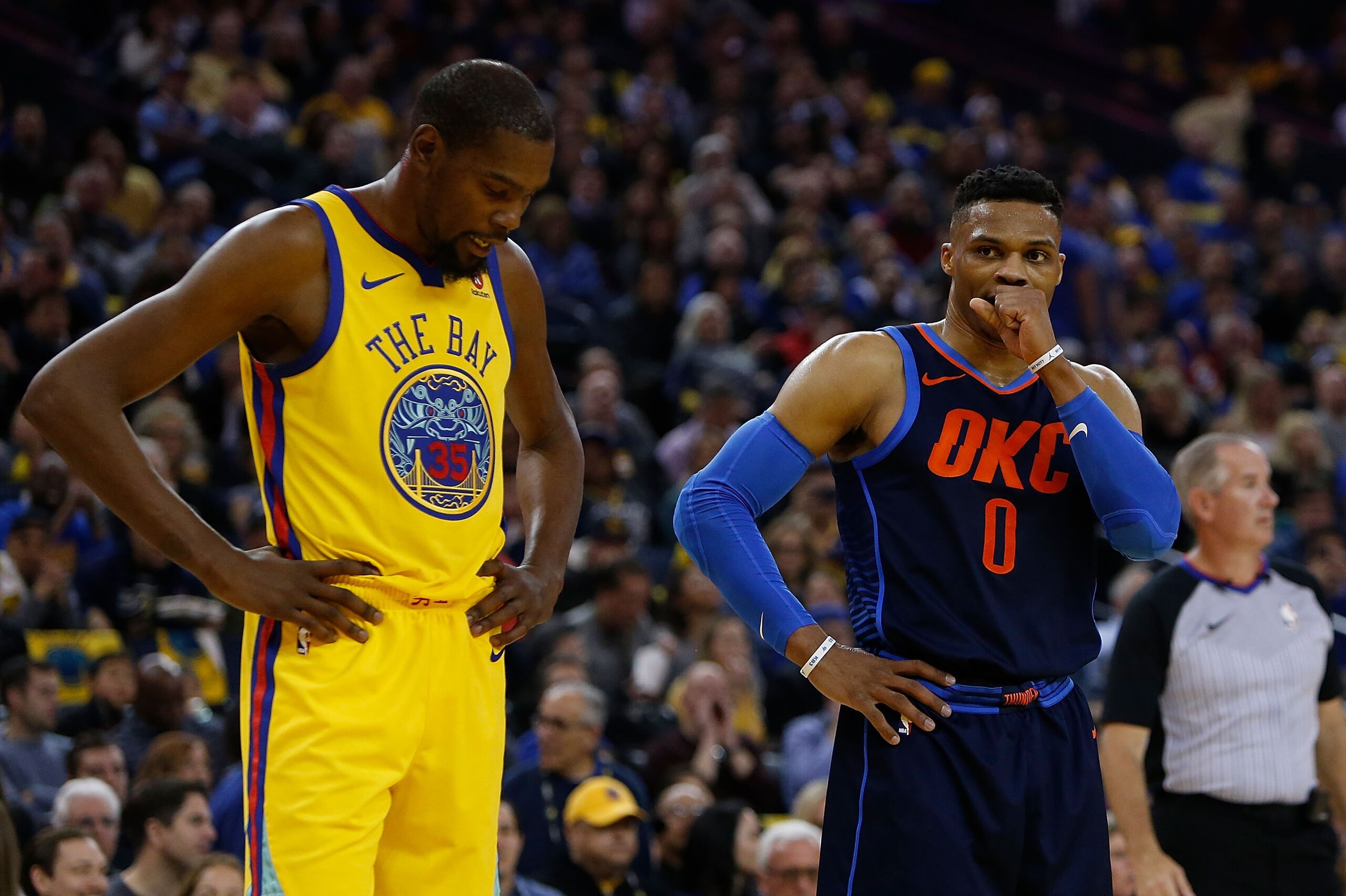 OAKLAND, CA - FEBRUARY 24: Kevin Durant #35 of the Golden State Warriors lines up on Russell Westbrook #0 of the Oklahoma City Thunder at a free-throw during their game at ORACLE Arena on February 24, 2018 in Oakland, California. NOTE TO USER: User expres OAKLAND, CA - FEBRUARY 24: Kevin Durant #35 of the Golden State Warriors lines up on Russell Westbrook #0 of the Oklahoma City Thunder at a free-throw during their game at ORACLE Arena on February 24, 2018 in Oakland, California. NOTE TO USER: User expres