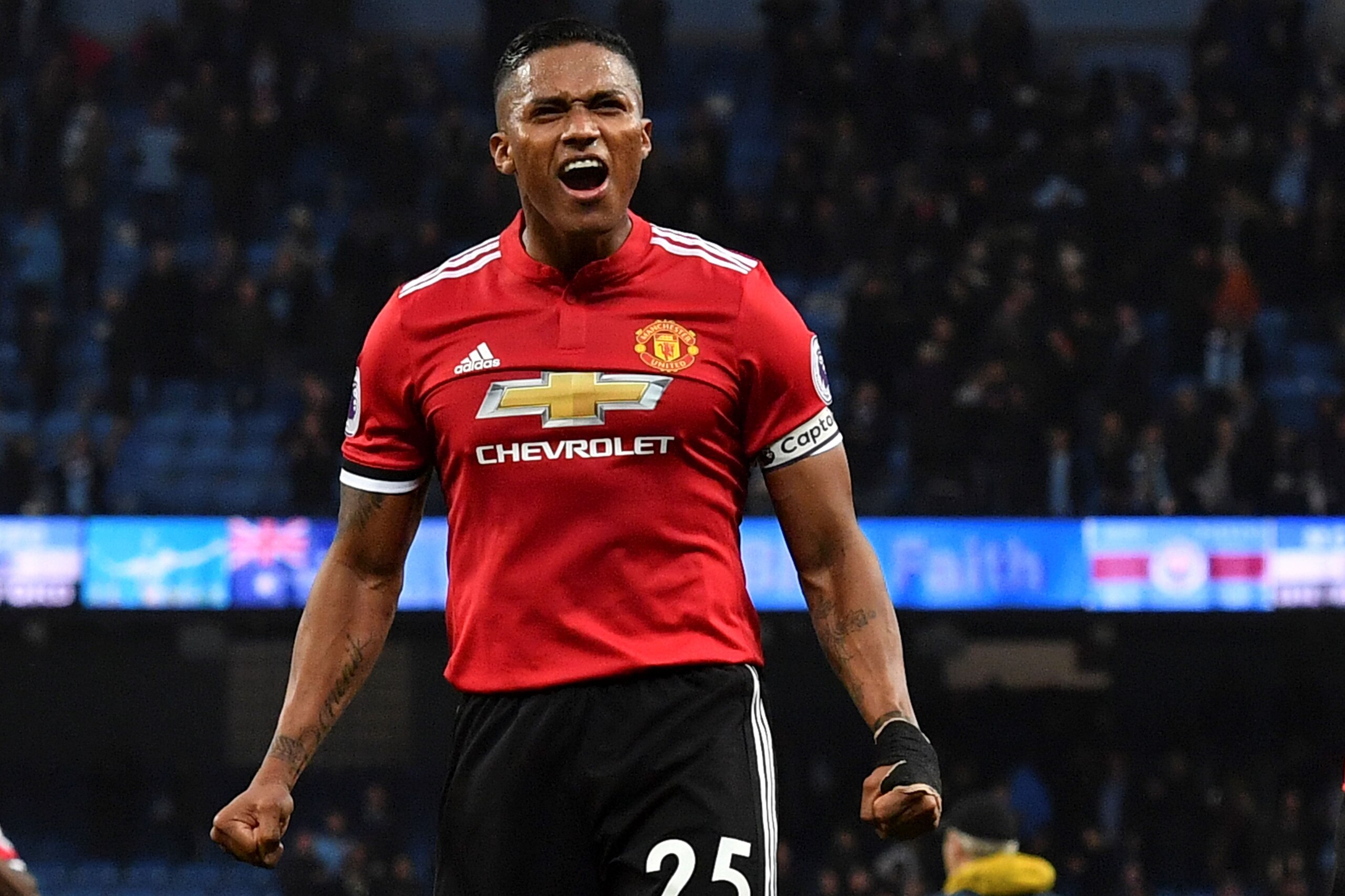 Manchester United's Ecuadorian midfielder Antonio Valencia react following the English Premier League football match between Manchester City and Manchester United at the Etihad Stadium in Manchester, north west England, on April 7, 2018.
Manchester United