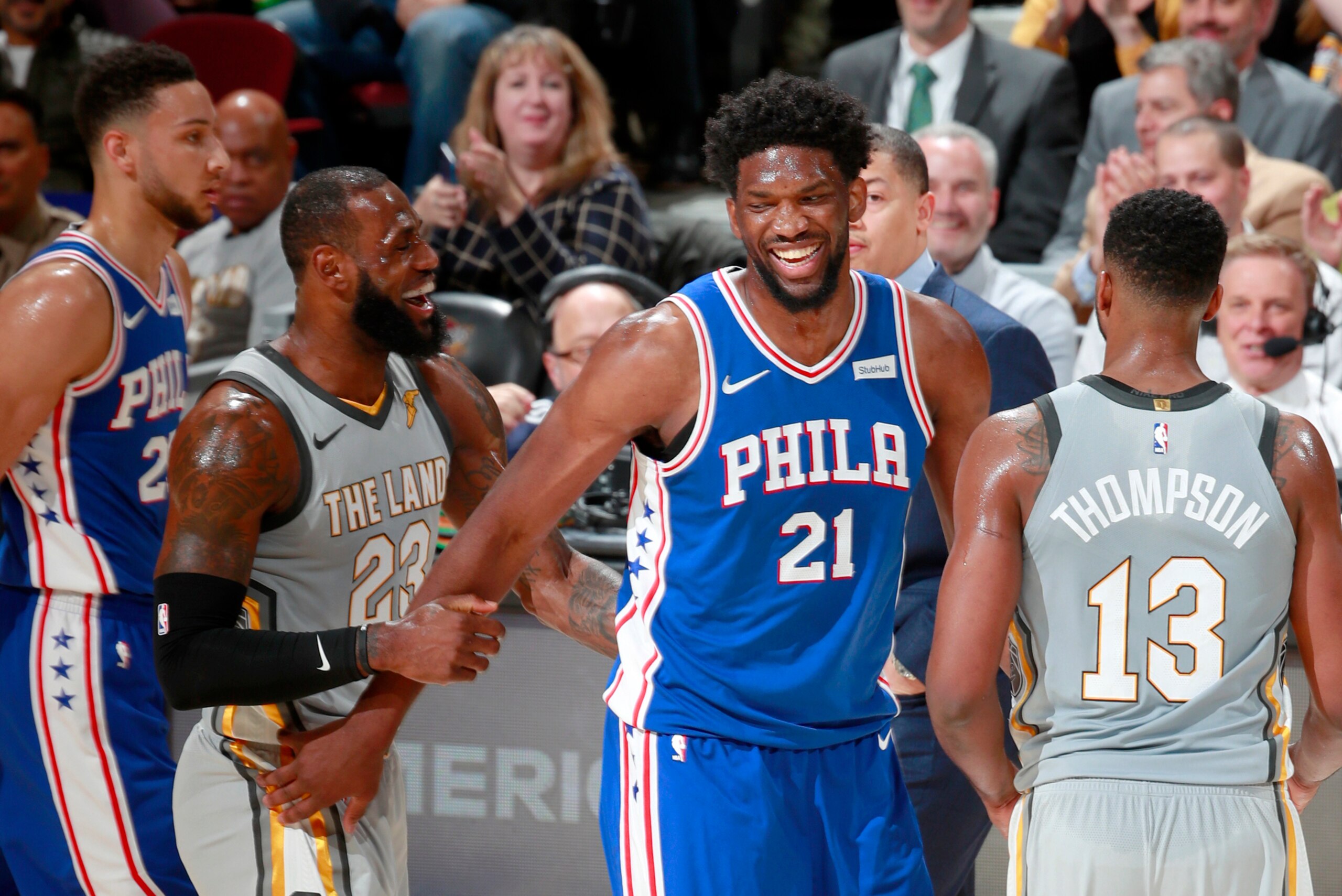 CLEVELAND, OH - MARCH 1: LeBron James #23 of the Cleveland Cavaliers and Joel Embiid #21 of the Philadelphia 76ers during the game on March 1, 2018 at Quicken Loans Arena in Cleveland, Ohio. NOTE TO USER: User expressly acknowledges and agrees that, by do