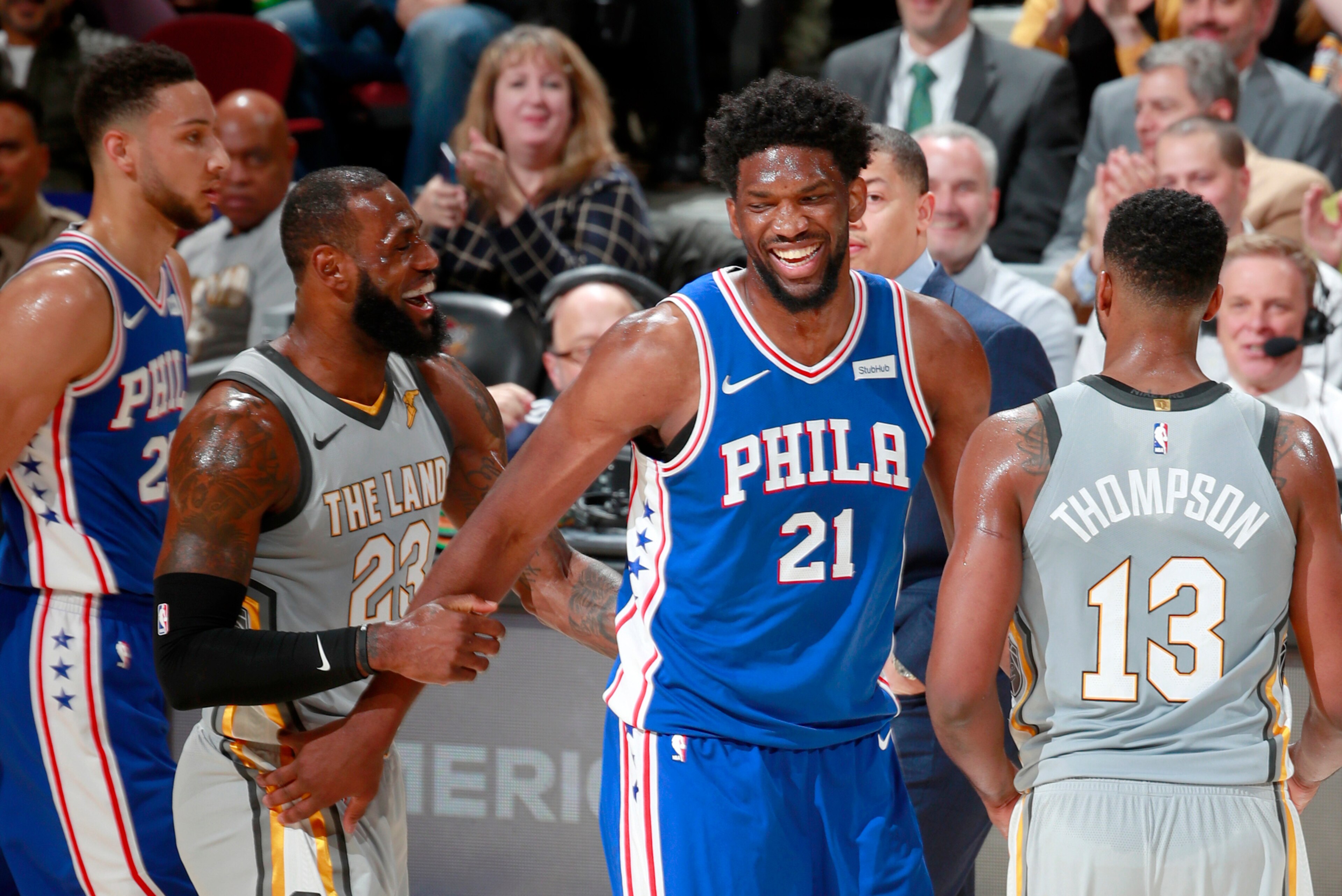 CLEVELAND, OH - MARCH 1: LeBron James #23 of the Cleveland Cavaliers and Joel Embiid #21 of the Philadelphia 76ers during the game on March 1, 2018 at Quicken Loans Arena in Cleveland, Ohio. NOTE TO USER: User expressly acknowledges and agrees that, by do