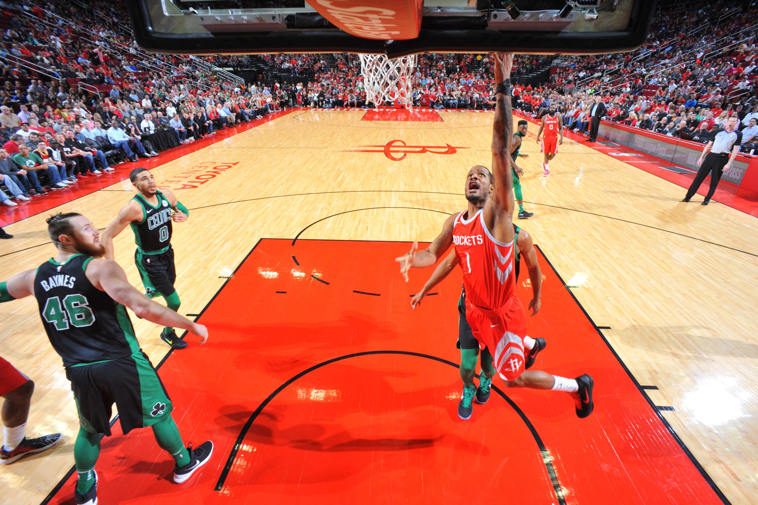 HOUSTON, TX - MARCH 3: Trevor Ariza #1 of the Houston Rockets shoots the ball against the Boston Celtics on March 3, 2018 at the Toyota Center in Houston, Texas. NOTE TO USER: User expressly acknowledges and agrees that, by downloading and or using this p