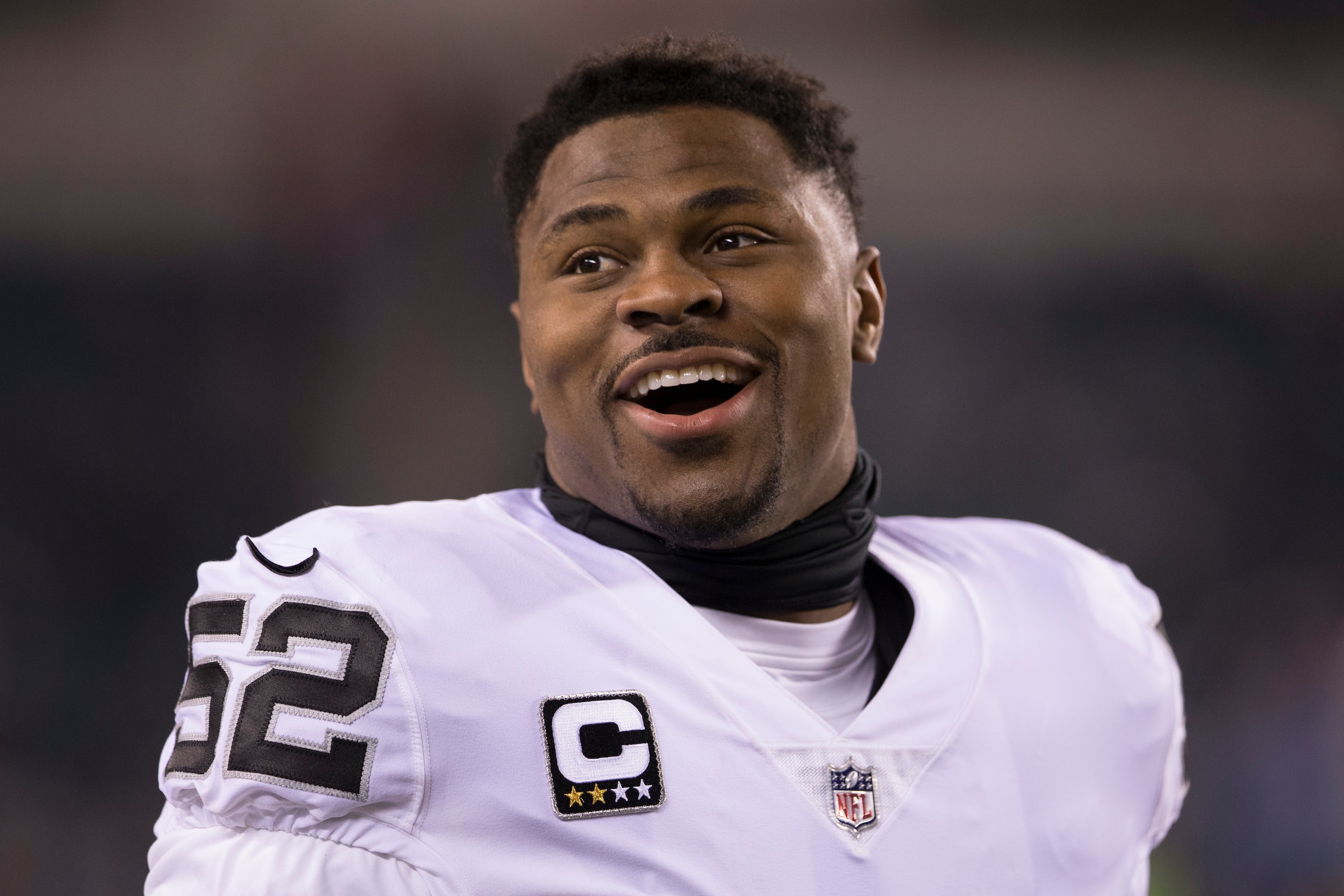 PHILADELPHIA, PA - DECEMBER 25: Khalil Mack #52 of the Oakland Raiders smiles prior to the game against the Philadelphia Eagles at Lincoln Financial Field on December 25, 2017 in Philadelphia, Pennsylvania. (Photo by Mitchell Leff/Getty Images) PHILADELPHIA, PA - DECEMBER 25: Khalil Mack #52 of the Oakland Raiders smiles prior to the game against the Philadelphia Eagles at Lincoln Financial Field on December 25, 2017 in Philadelphia, Pennsylvania. (Photo by Mitchell Leff/Getty Images)