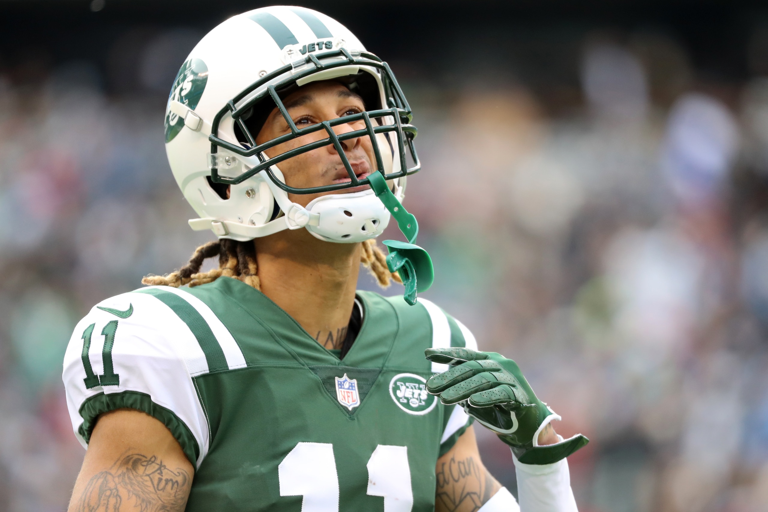 EAST RUTHERFORD, NJ - DECEMBER 24: Robby Anderson #11 of the New York Jets reacts after his team fails to convert on third down against the Los Angeles Chargers during the first half of an NFL game at MetLife Stadium on December 24, 2017 in East Rutherfor