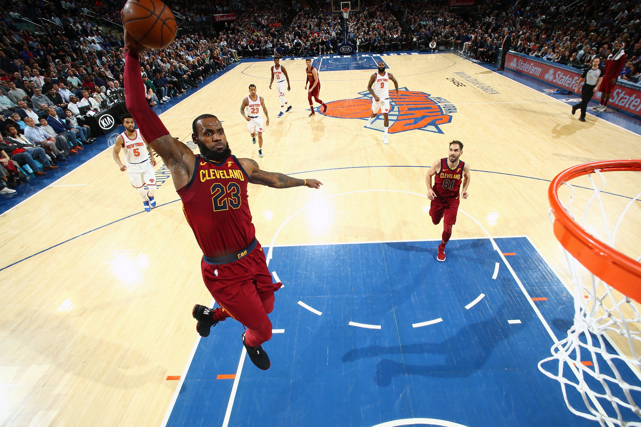 NEW YORK, NY - APRIL 9: LeBron James #23 of the Cleveland Cavaliers dunks against the New York Knicks on April 9, 2018 at Madison Square Garden in New York City, New York.  NOTE TO USER: User expressly acknowledges and agrees that, by downloading and or u