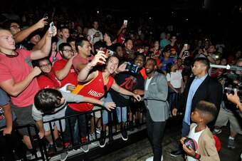 HOUSTON, TX  - JULY 14: The Houston Rockets introduce Chris Paul greets the fans on July 14, 2017 at the Toyota Center in Houston, Texas. NOTE TO USER: User expressly acknowledges and agrees that, by downloading and/or using this photograph, user is conse