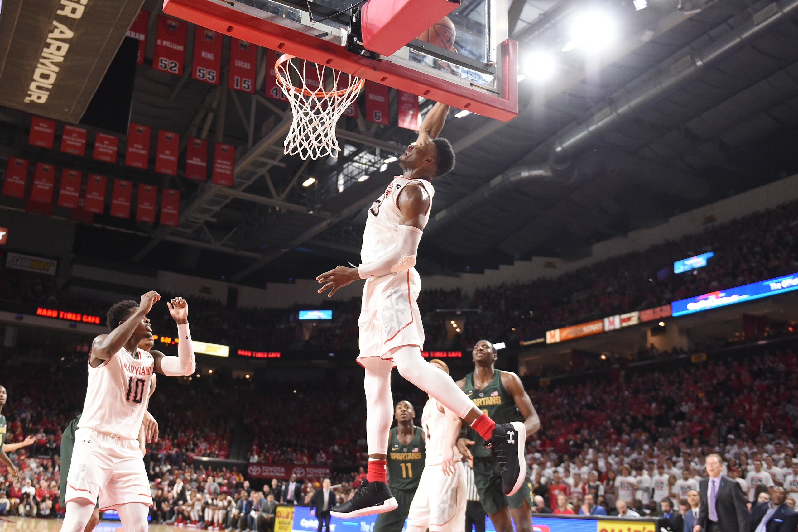 COLLEGE PARK, MD- JANUARY 28:  Bruno Fernando #23 of the Maryland Terrapins drives to the basket during a college basketball game against the Michigan State Spartans at The Xfinity Center on January 28, 2018 in College Park, Maryland.  (Photo by Mitchell 